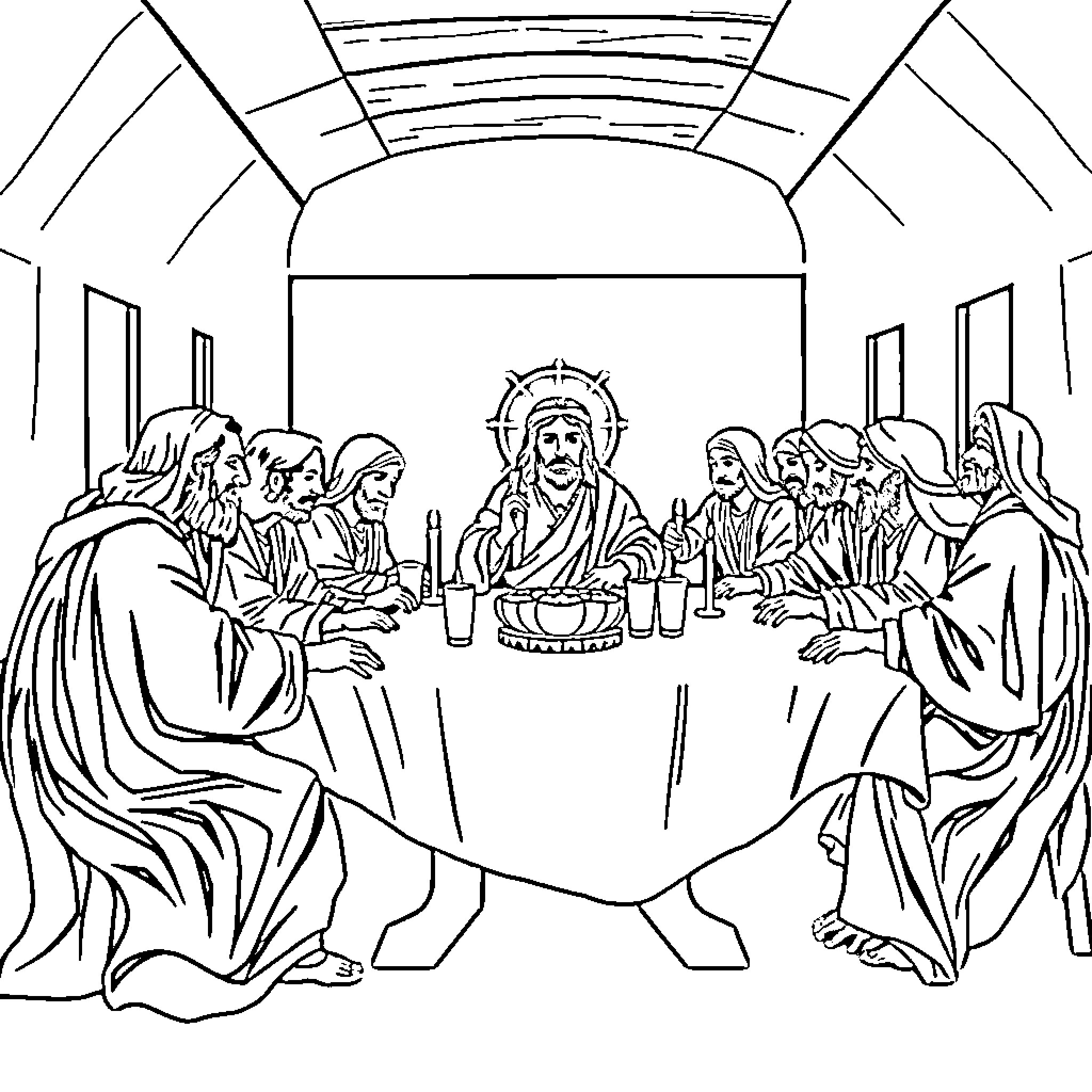 Supper with the disciples at the Last Supper Coloring Page (free black-and-white line drawing printable PDF for all, from beginners to advanced learners, including children, teens, adults, and seniors)