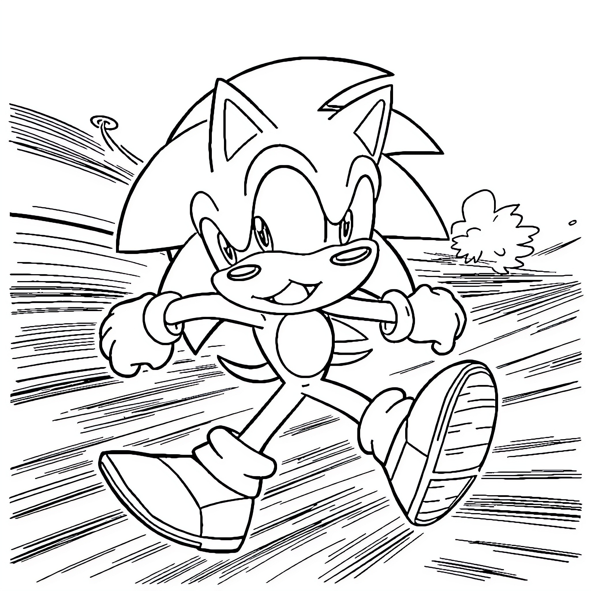 Sonic the Hedgehog running excitedly in action Coloring Page (free black-and-white line drawing printable PDF for all, from beginners to advanced learners, including children, teens, adults, and seniors)