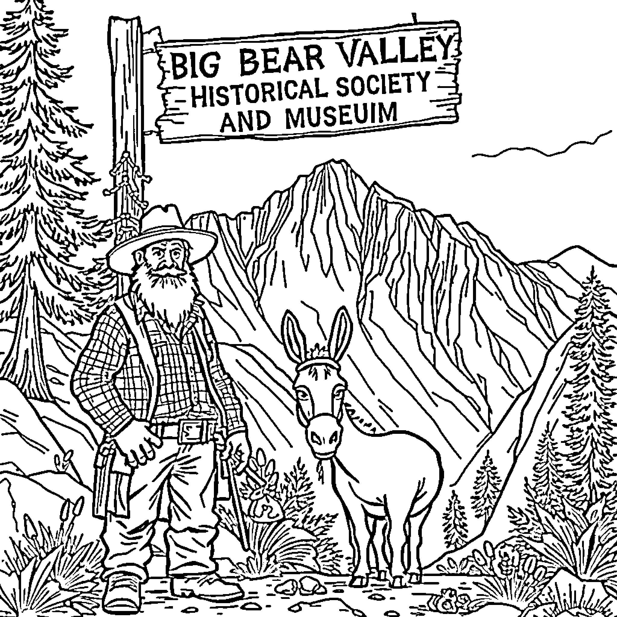 Miner at the Big Bear Valley Historical Society and Museum Coloring Page (free black-and-white line drawing printable PDF for all, from beginners to advanced learners, including children, teens, adults, and seniors)