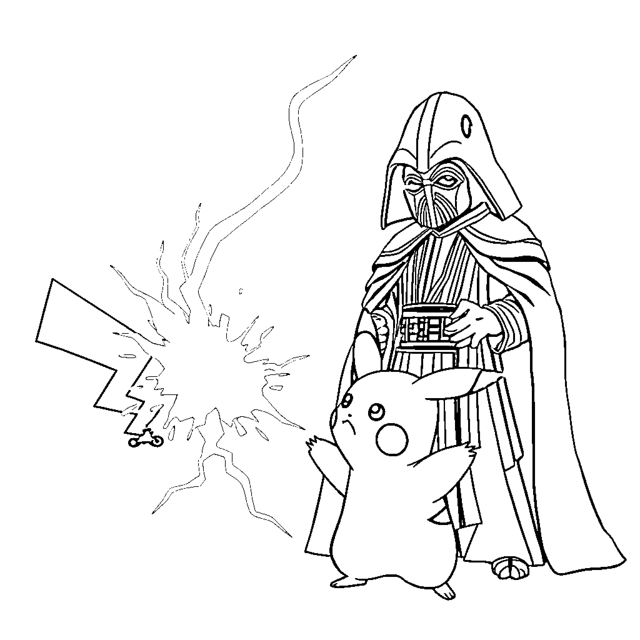 Pikachu and Darth Vader in epic encounter Coloring Page (free black-and-white line drawing printable PDF for all, from beginners to advanced learners, including children, teens, adults, and seniors)