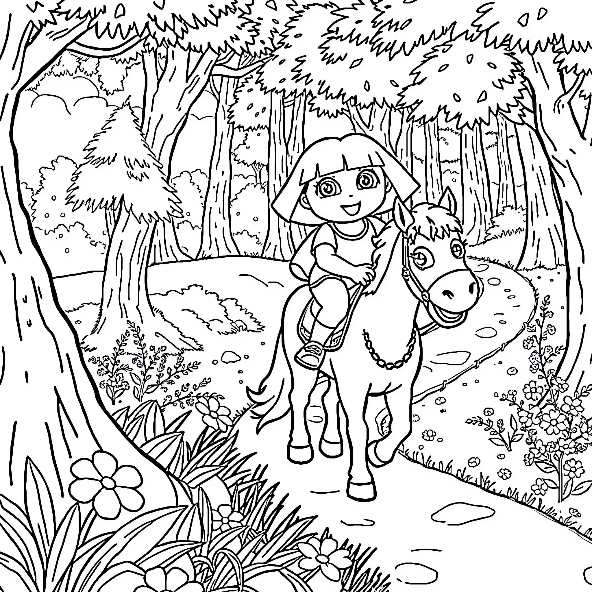 Dora's Adventure in the Enchanted Forest Coloring Page (free black-and-white line drawing printable PDF for all, from beginners to advanced learners, including children, teens, adults, and seniors)