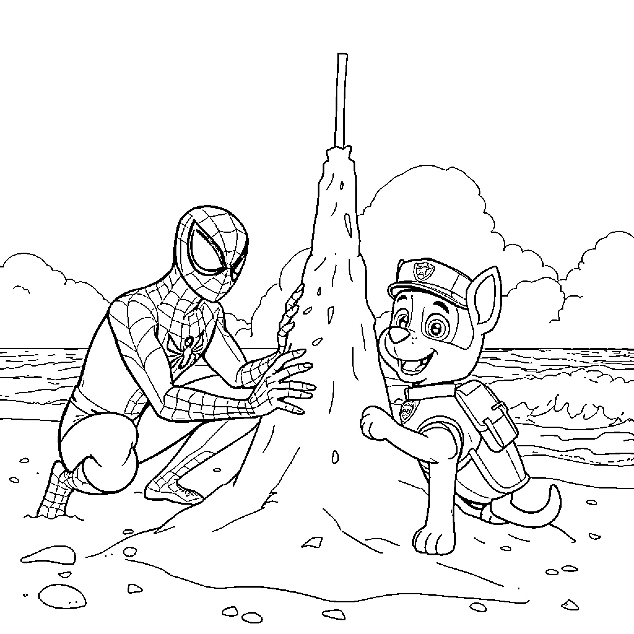 Spider-Man and Paw Patrol Puppy Explore the Beach Coloring Page (free black-and-white line drawing printable PDF for all, from beginners to advanced learners, including children, teens, adults, and seniors)