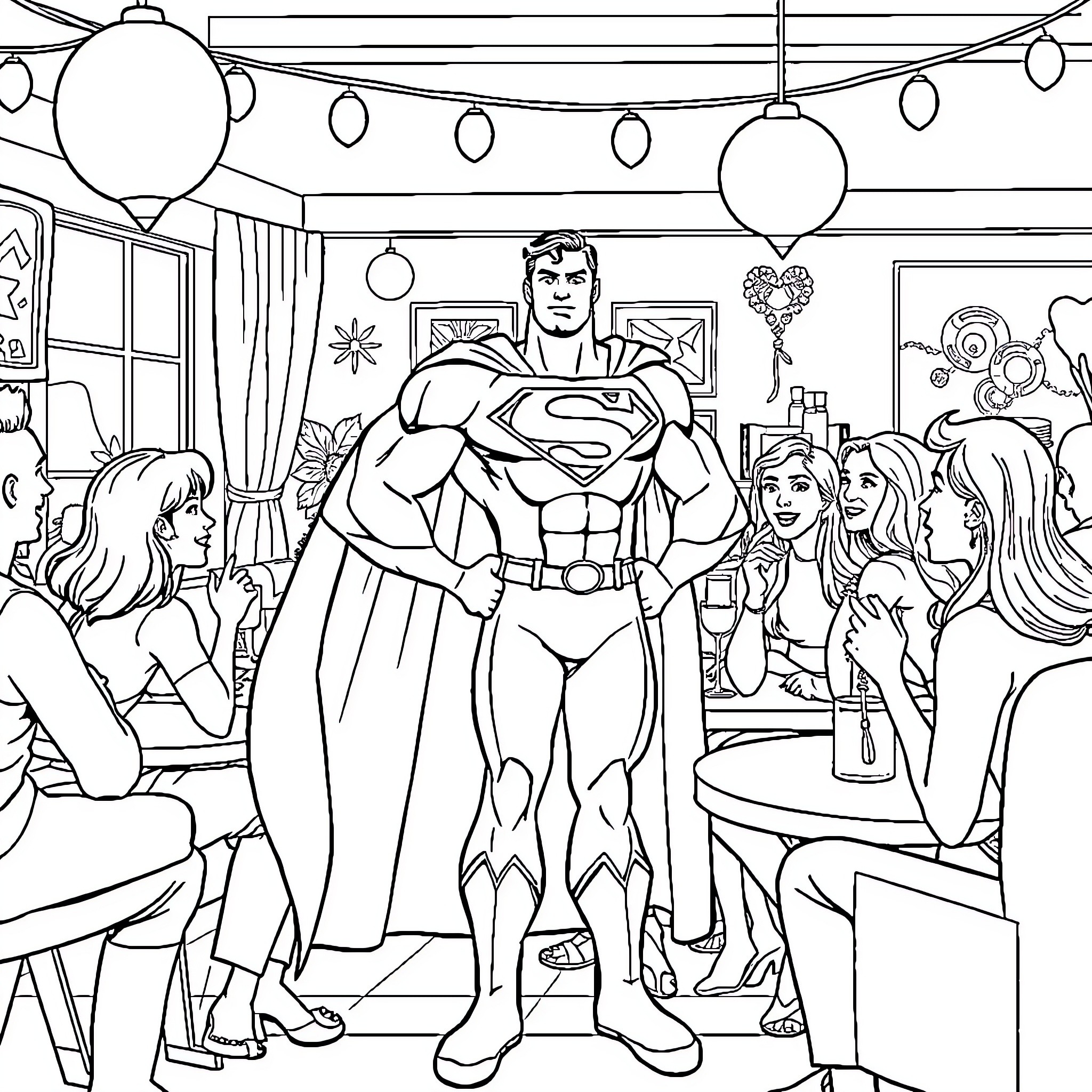 Superman Attends a Lively Party with Friends Coloring Page (free black-and-white line drawing printable PDF for all, from beginners to advanced learners, including children, teens, adults, and seniors)