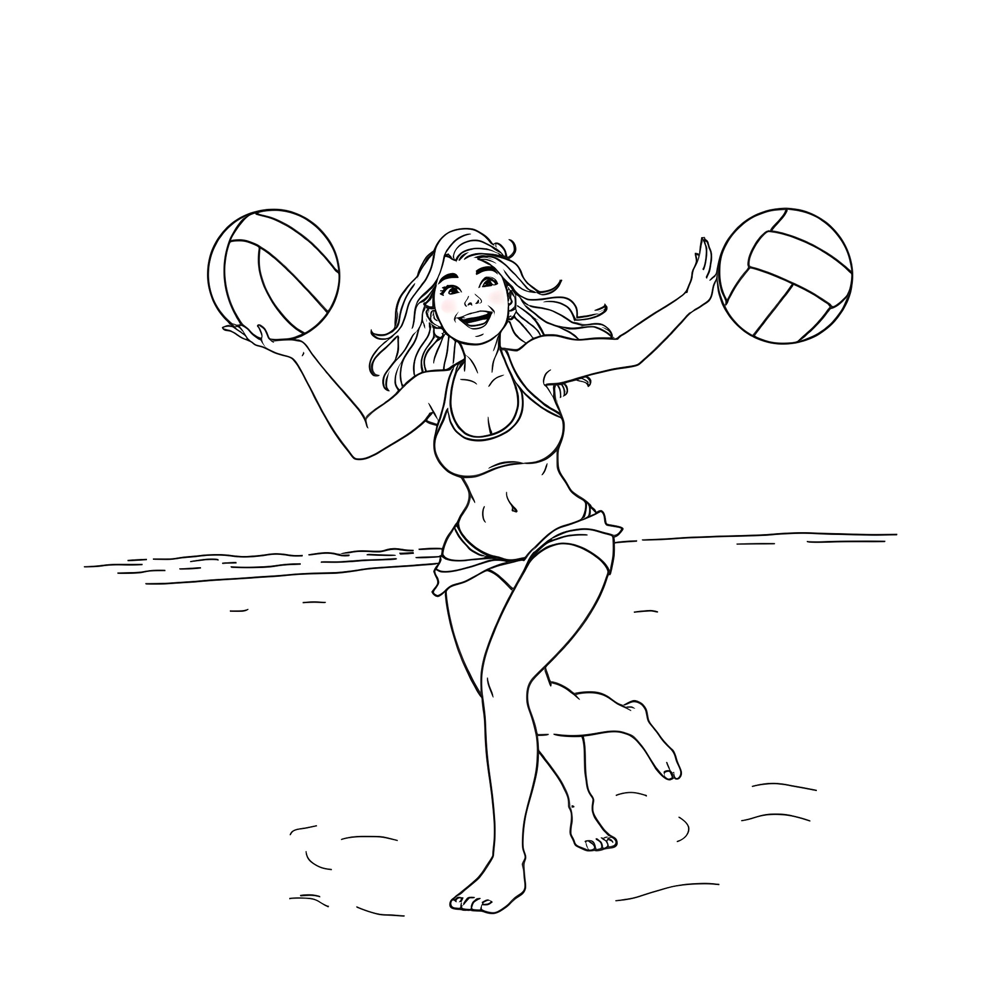 Lady playing with beach balls joyfully Coloring Page (free black-and-white line drawing printable PDF for all, from beginners to advanced learners, including children, teens, adults, and seniors)