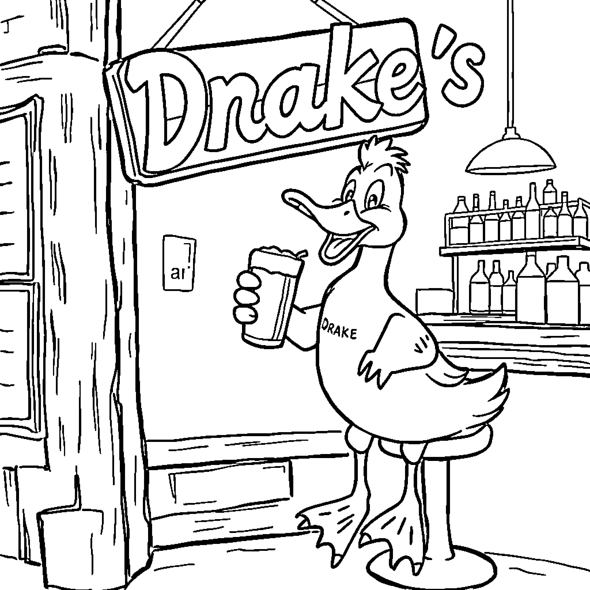 Duck working at a local shop Coloring Page (free black-and-white line drawing printable PDF for all, from beginners to advanced learners, including children, teens, adults, and seniors)