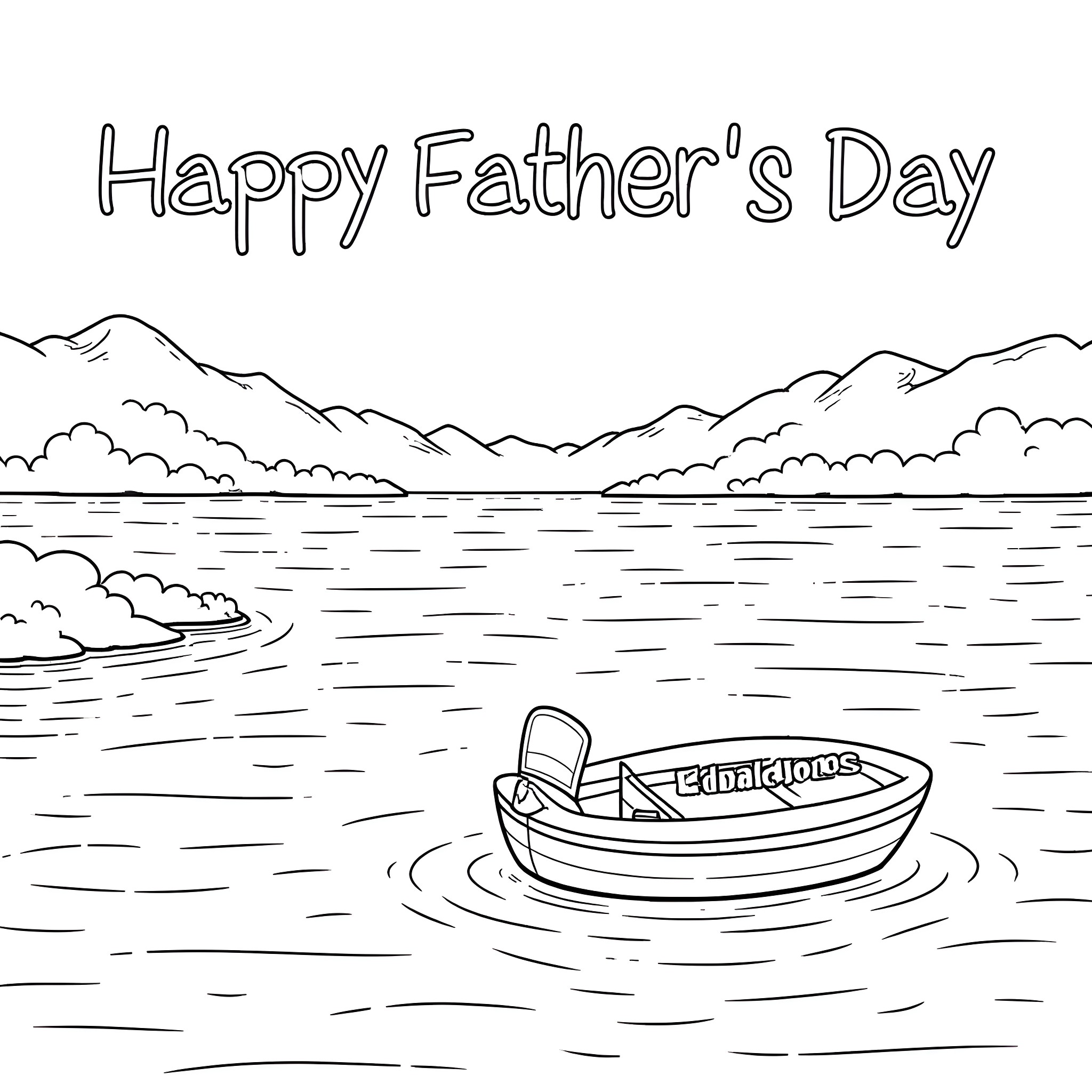 Father fishing on the lake with mountains in the background Coloring Page (free black-and-white line drawing printable PDF for all, from beginners to advanced learners, including children, teens, adults, and seniors)