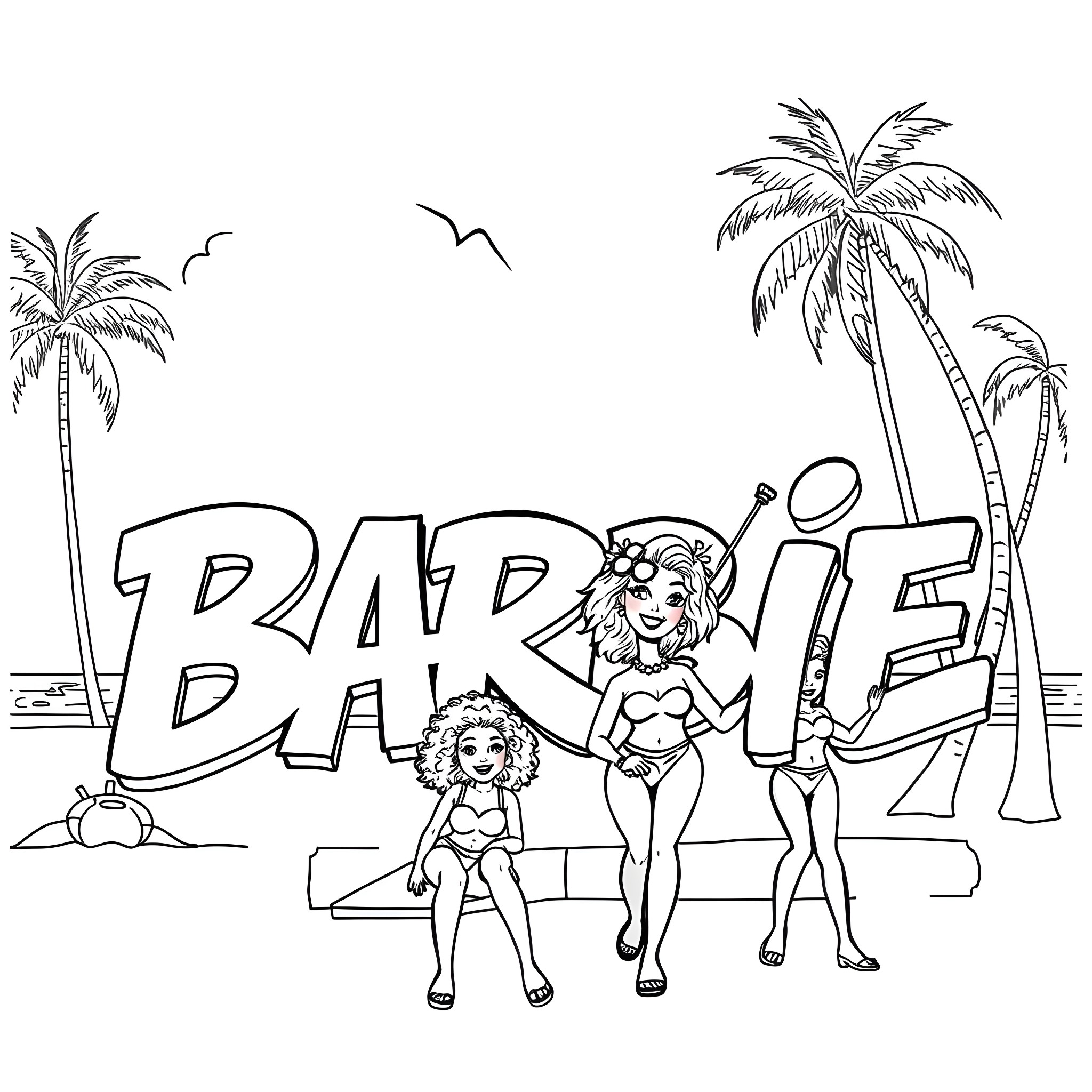 Barbie posing with friends at the beach Coloring Page (free black-and-white line drawing printable PDF for all, from beginners to advanced learners, including children, teens, adults, and seniors)