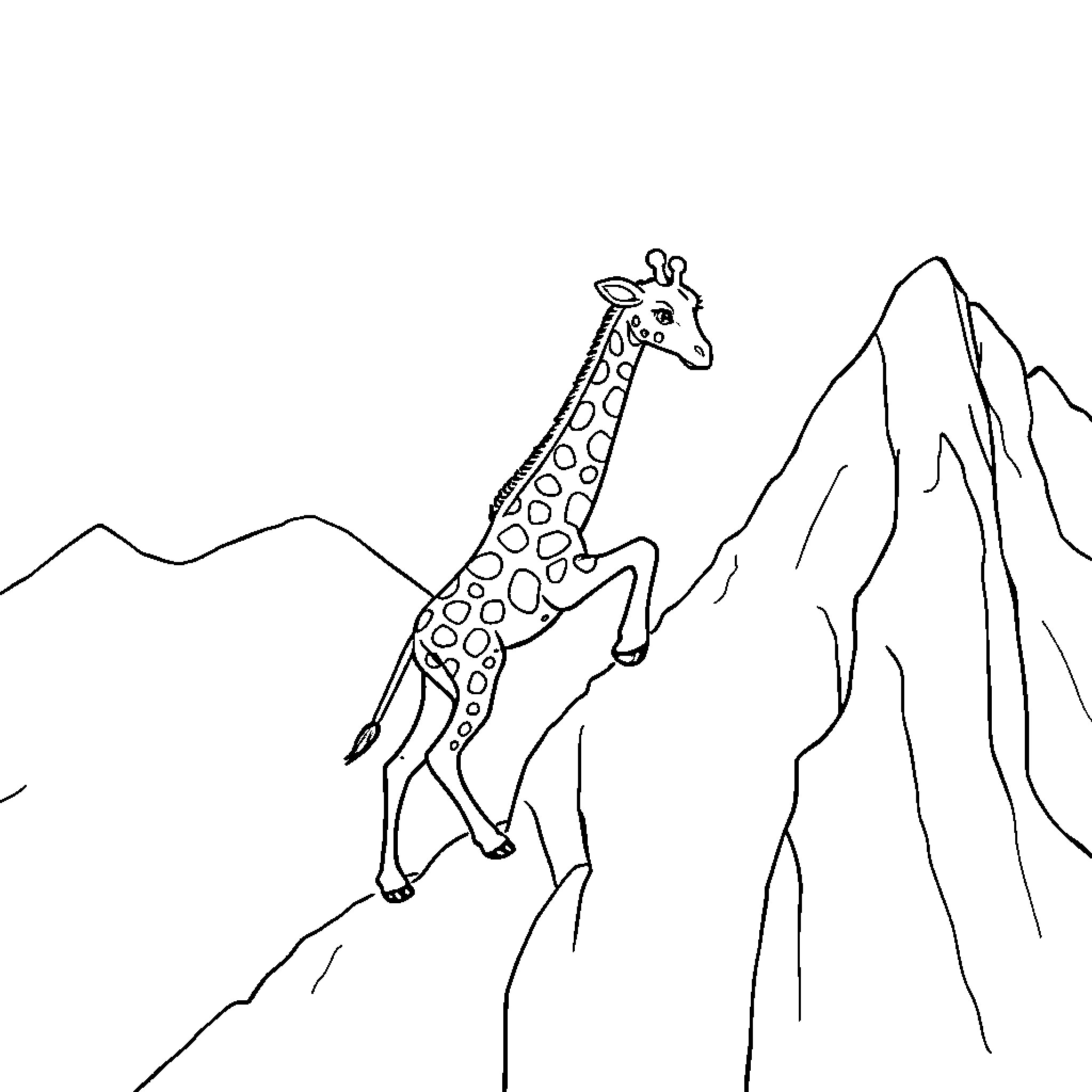 Giraffe exploring rugged mountain terrain Coloring Page (free black-and-white line drawing printable PDF for all, from beginners to advanced learners, including children, teens, adults, and seniors)
