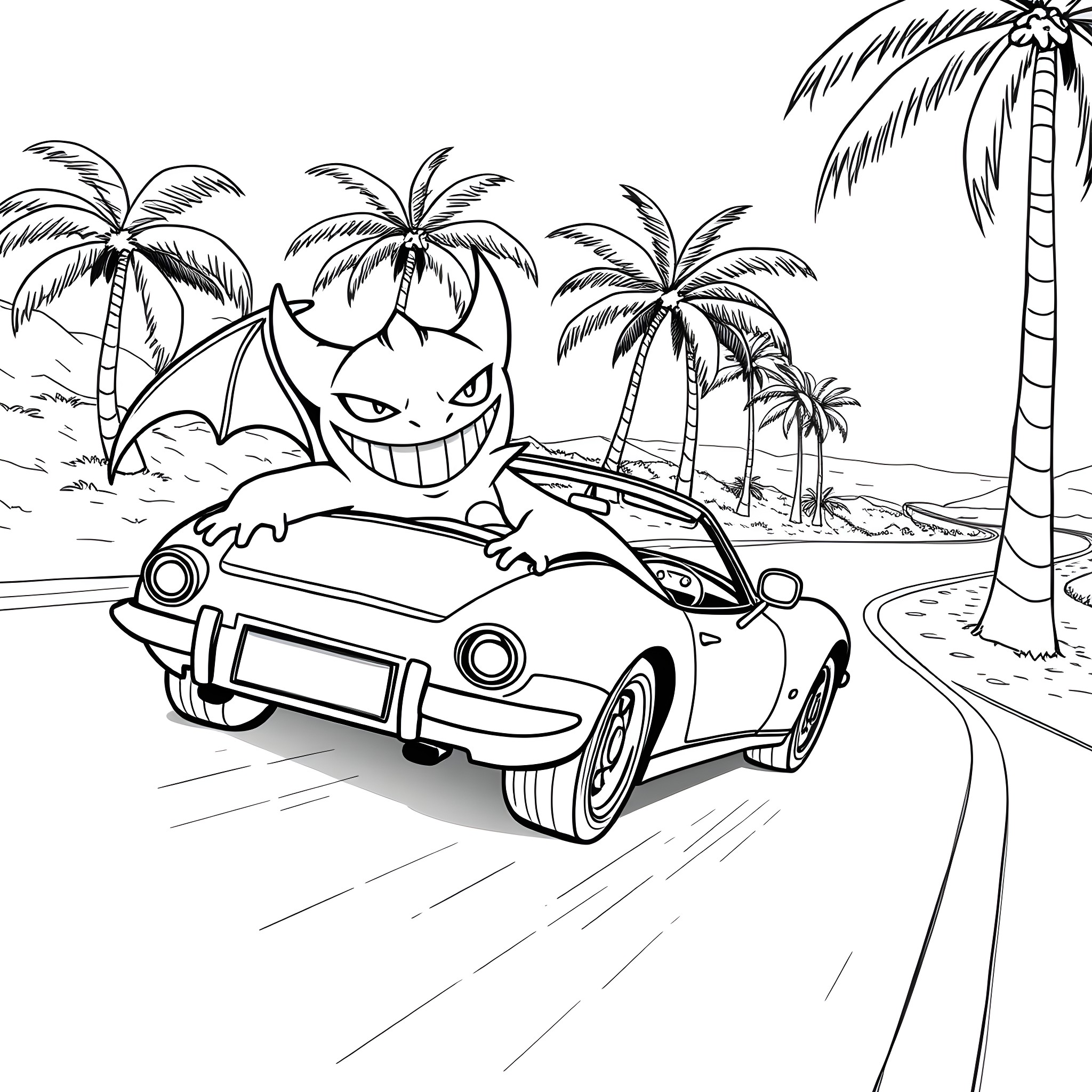 Gengar's Beach Cruising Adventure Coloring Page (free black-and-white line drawing printable PDF for all, from beginners to advanced learners, including children, teens, adults, and seniors)