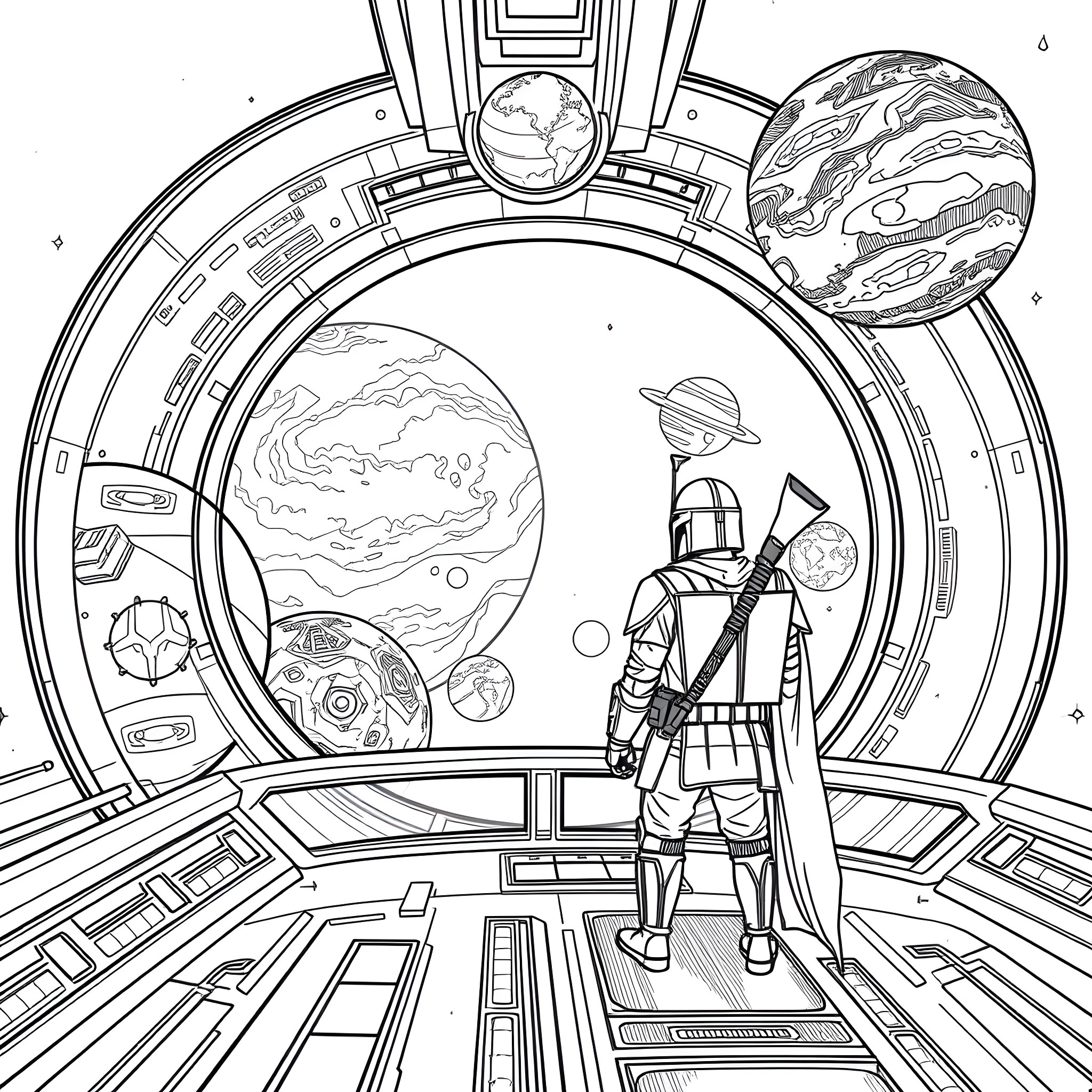 Grogu exploring the wonders of space and technology Coloring Page (free black-and-white line drawing printable PDF for all, from beginners to advanced learners, including children, teens, adults, and seniors)