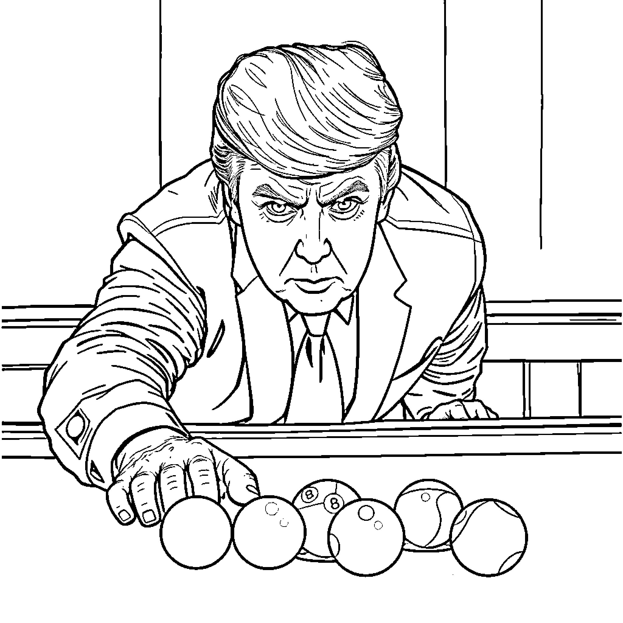 Trump playing pool with golf balls in the office Coloring Page (free black-and-white line drawing printable PDF for all, from beginners to advanced learners, including children, teens, adults, and seniors)
