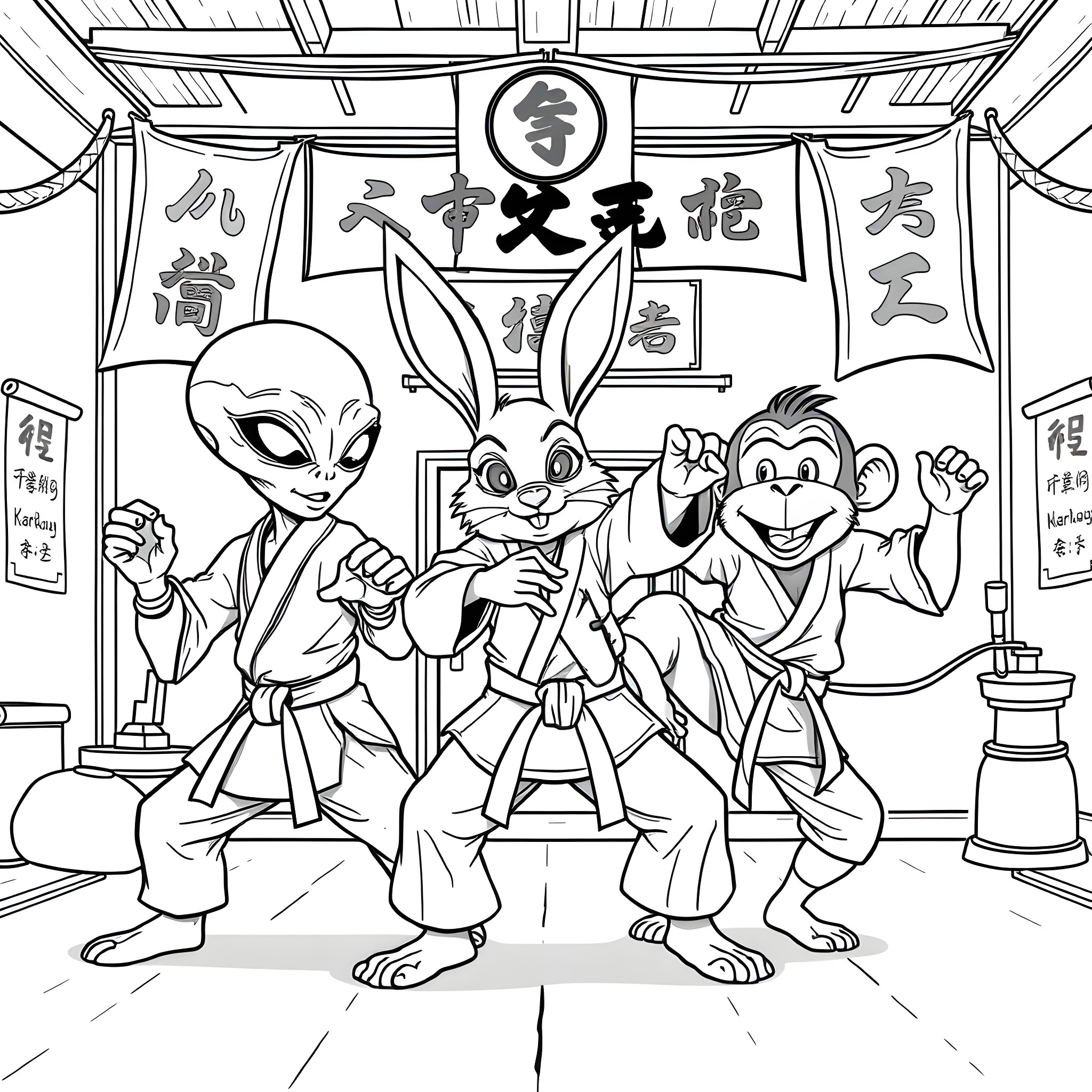 Alien Martial Arts Trio Practicing in the Dojo Coloring Page (free black-and-white line drawing printable PDF for all, from beginners to advanced learners, including children, teens, adults, and seniors)