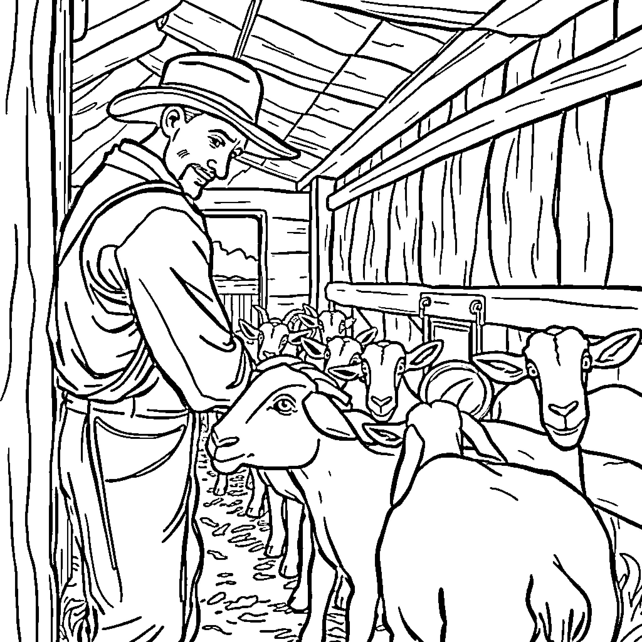 Goat farmer tending to his herd in the barn Coloring Page (free black-and-white line drawing printable PDF for all, from beginners to advanced learners, including children, teens, adults, and seniors)