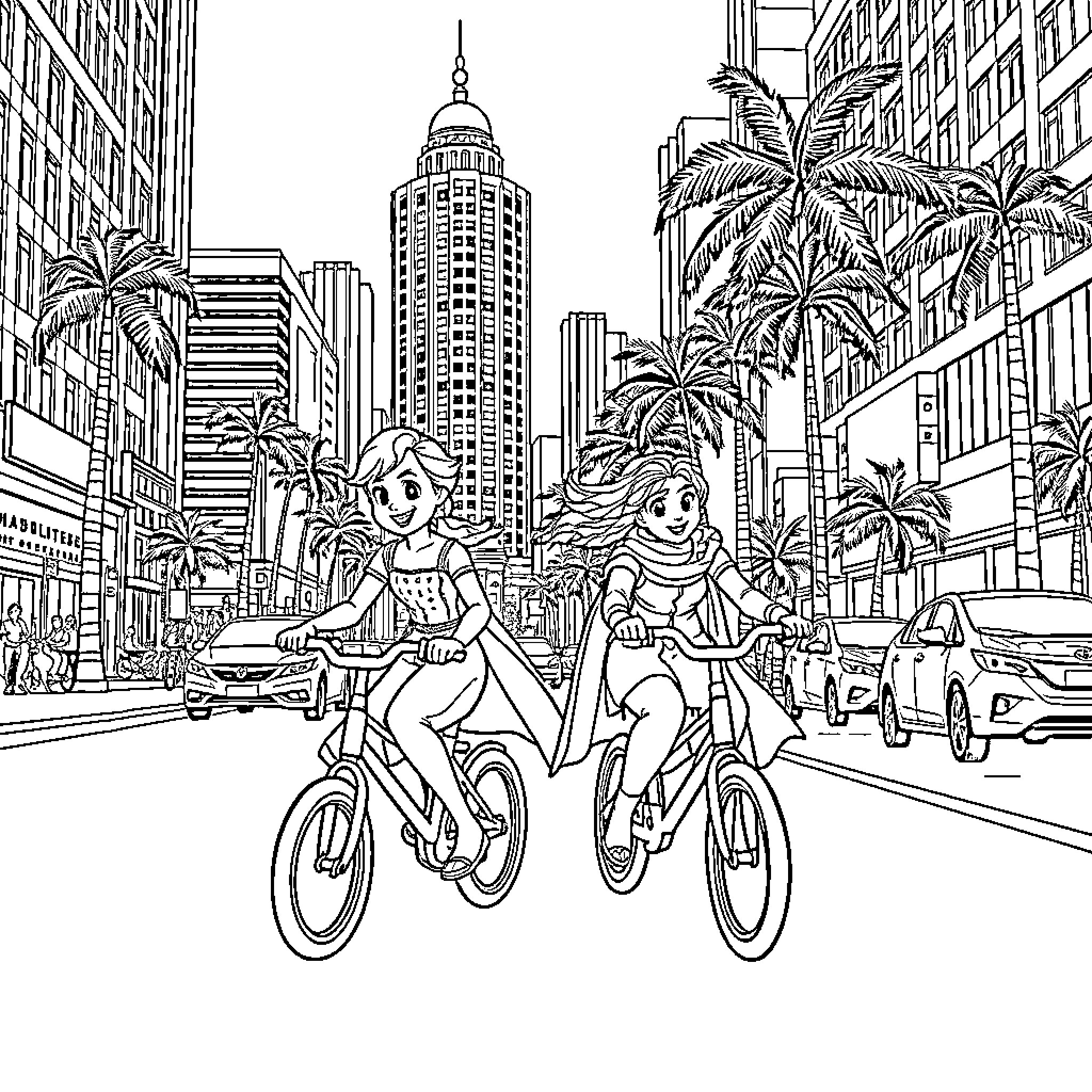 Elsa and Anna's Cycling Adventure in the City Coloring Page (free black-and-white line drawing printable PDF for all, from beginners to advanced learners, including children, teens, adults, and seniors)