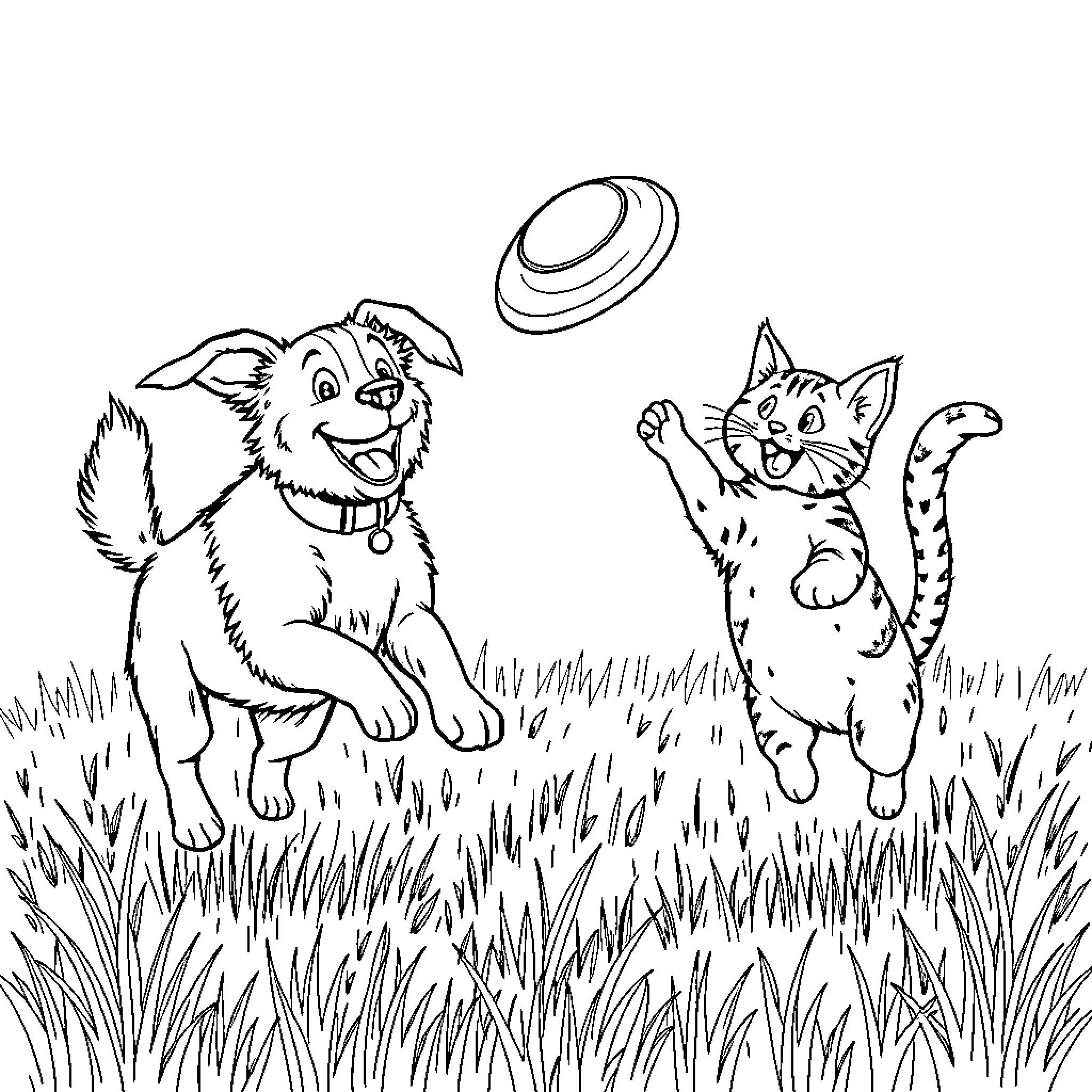Dog and Cat Playing Together in the Park Coloring Page (free black-and-white line drawing printable PDF for all, from beginners to advanced learners, including children, teens, adults, and seniors)