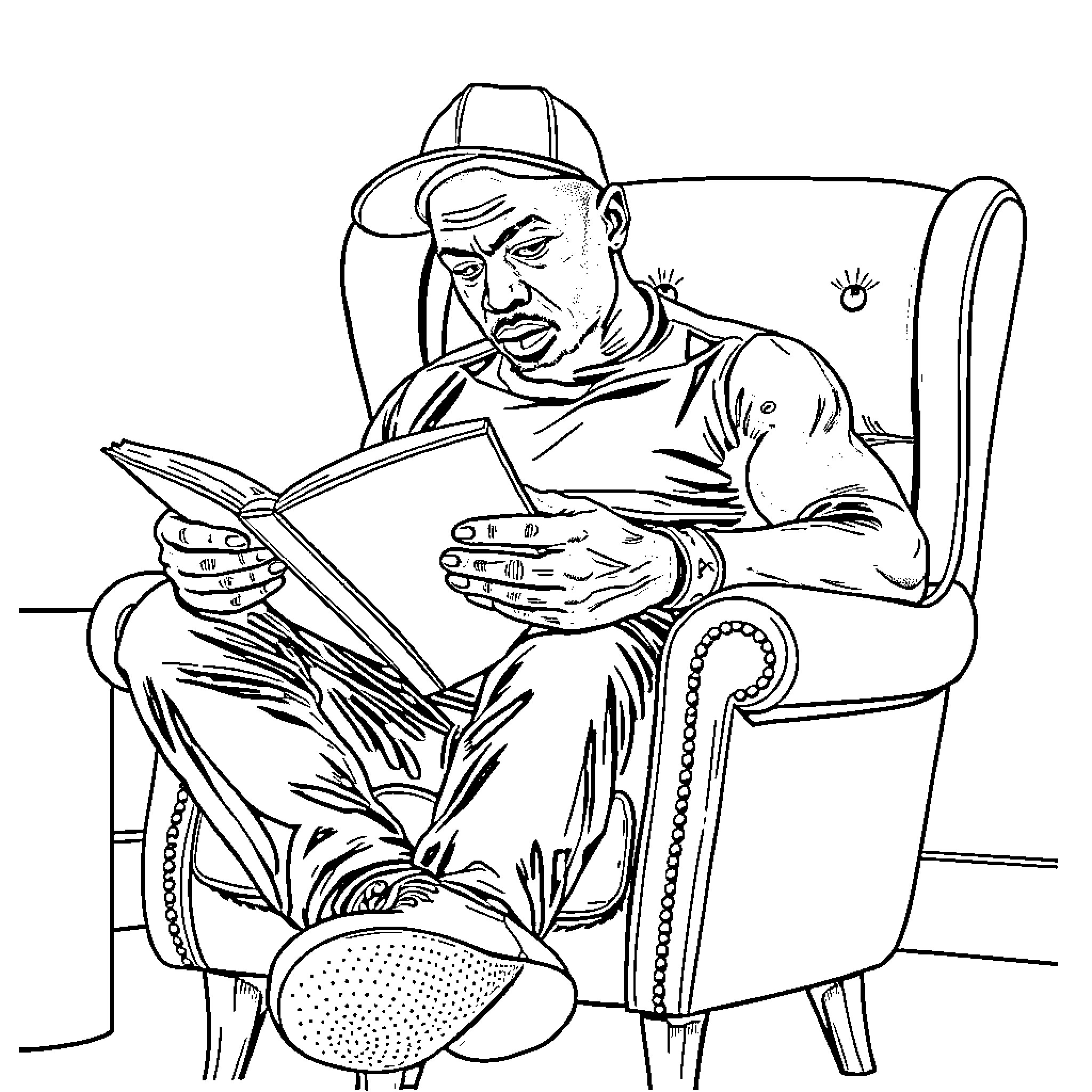 Floyd Mayweather Reading Intently in Armchair Coloring Page (free black-and-white line drawing printable PDF for all, from beginners to advanced learners, including children, teens, adults, and seniors)