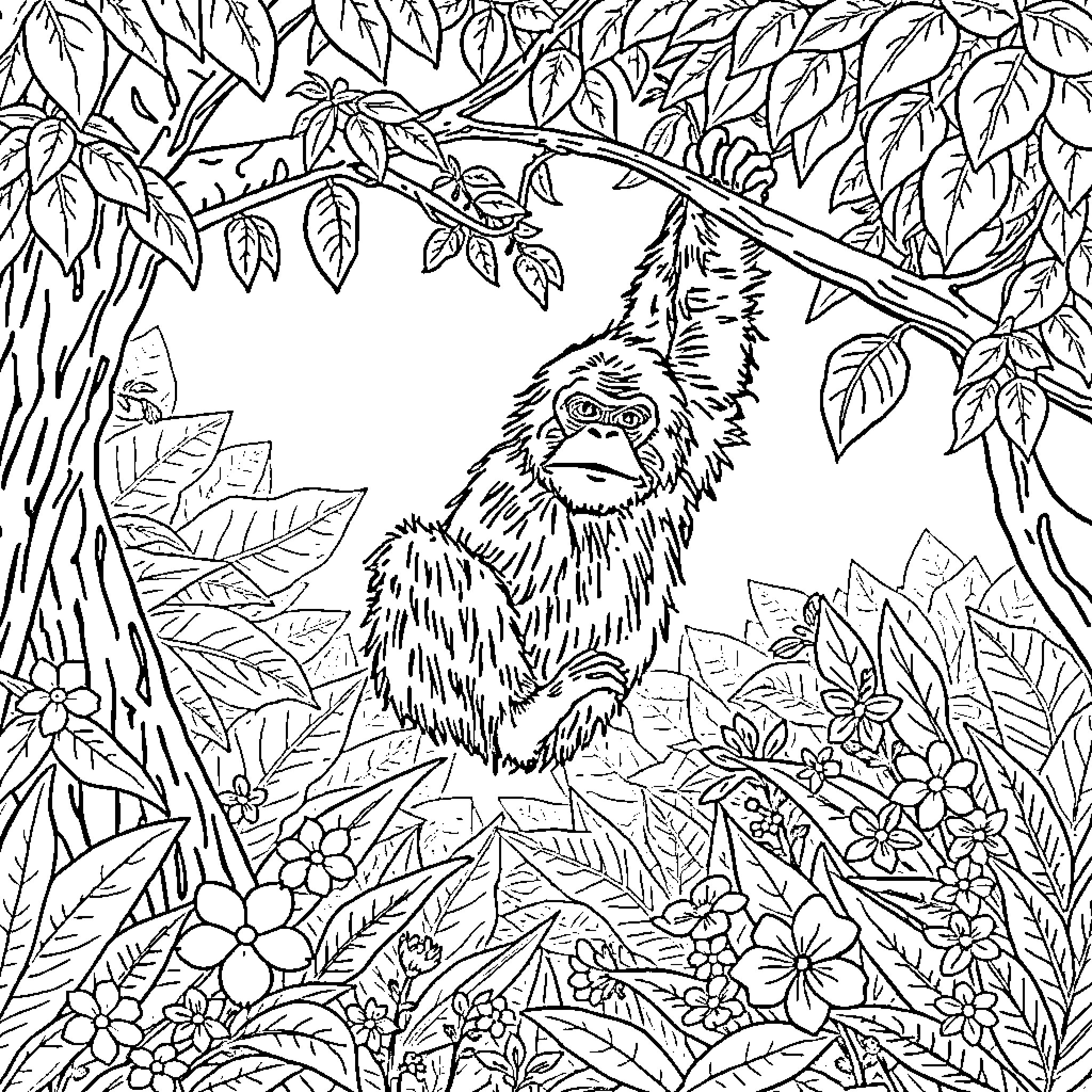 Orangutan exploring the lush jungle vegetation Coloring Page (free black-and-white line drawing printable PDF for all, from beginners to advanced learners, including children, teens, adults, and seniors)