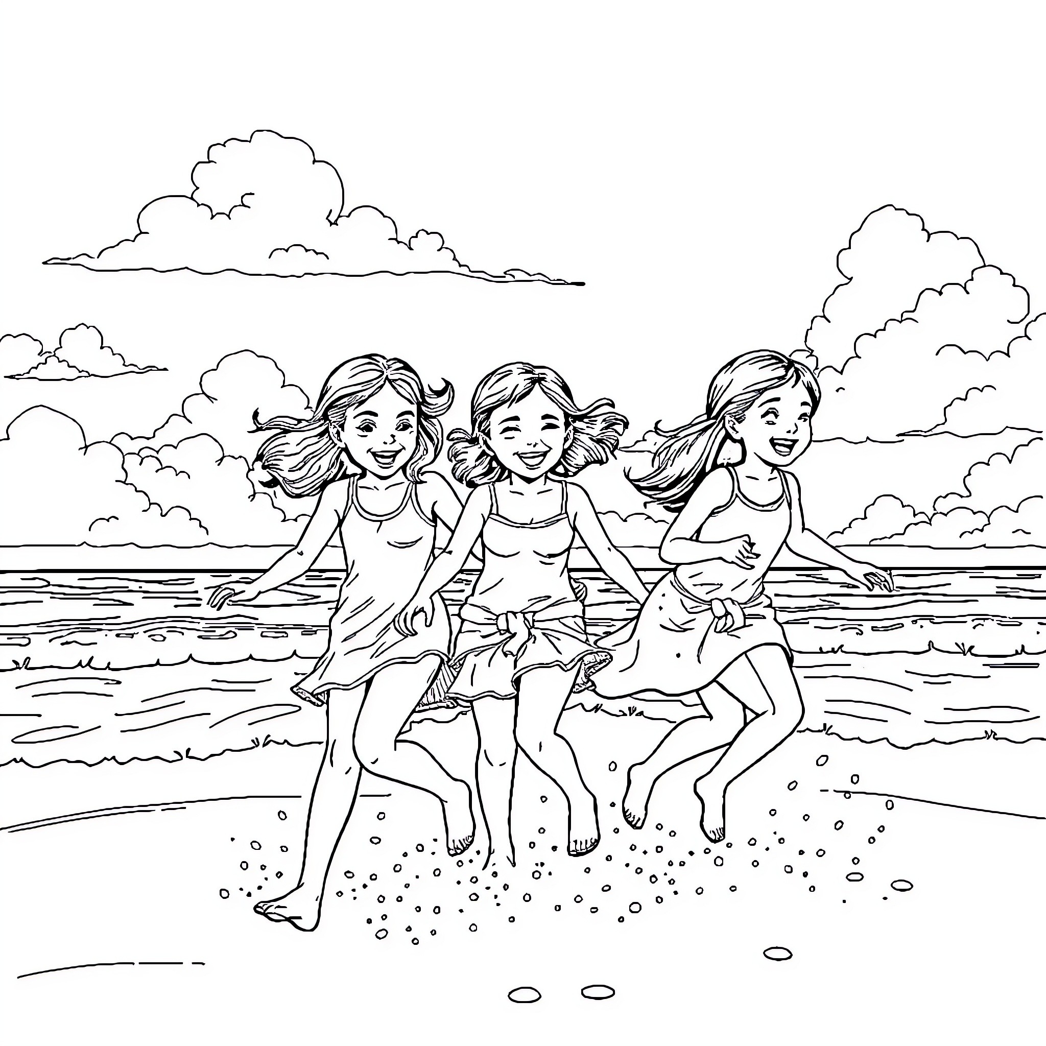 Girl friends playing on the beach Coloring Page (free black-and-white line drawing printable PDF for all, from beginners to advanced learners, including children, teens, adults, and seniors)