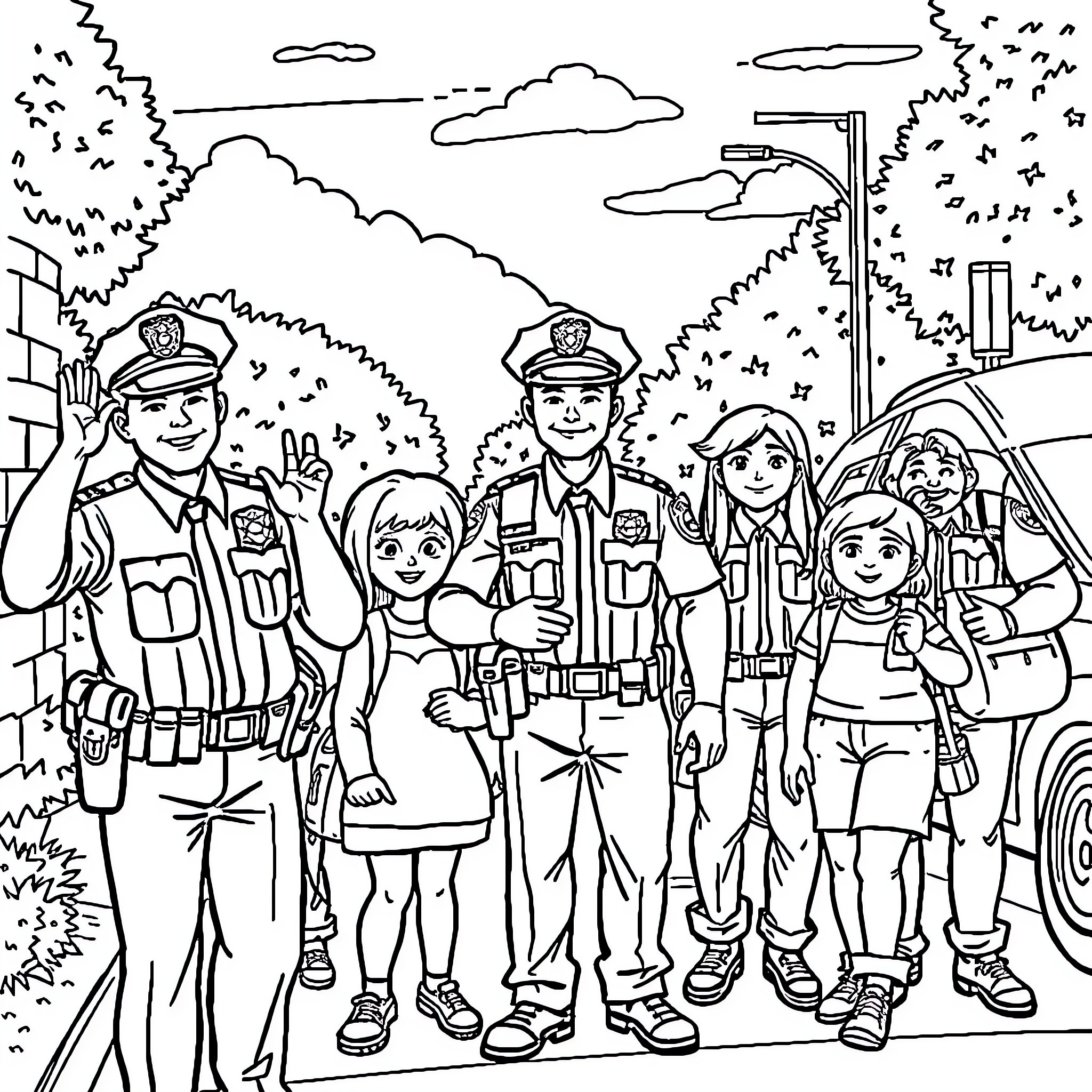 Police officers at community event with children Coloring Page (free black-and-white line drawing printable PDF for all, from beginners to advanced learners, including children, teens, adults, and seniors)