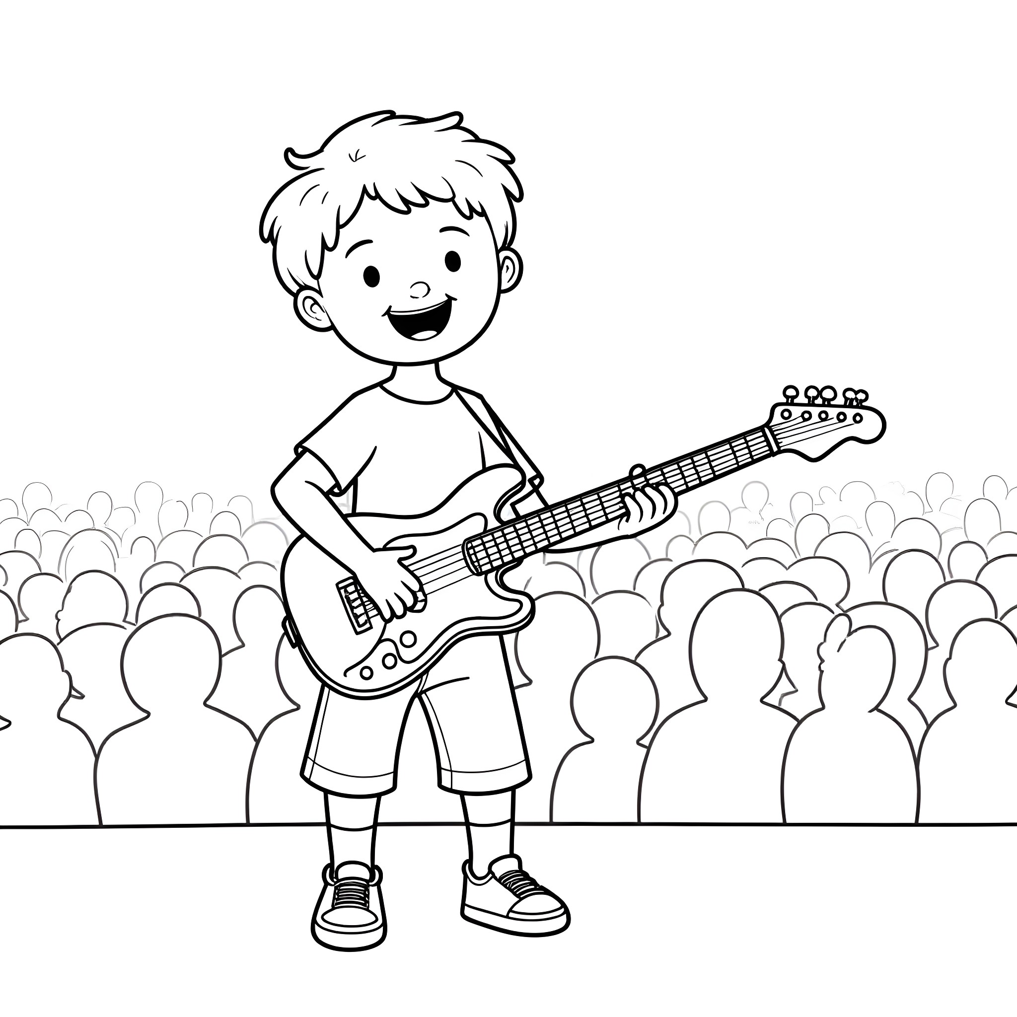 Guy playing electric guitar on stage Coloring Page (free black-and-white line drawing printable PDF for all, from beginners to advanced learners, including children, teens, adults, and seniors)