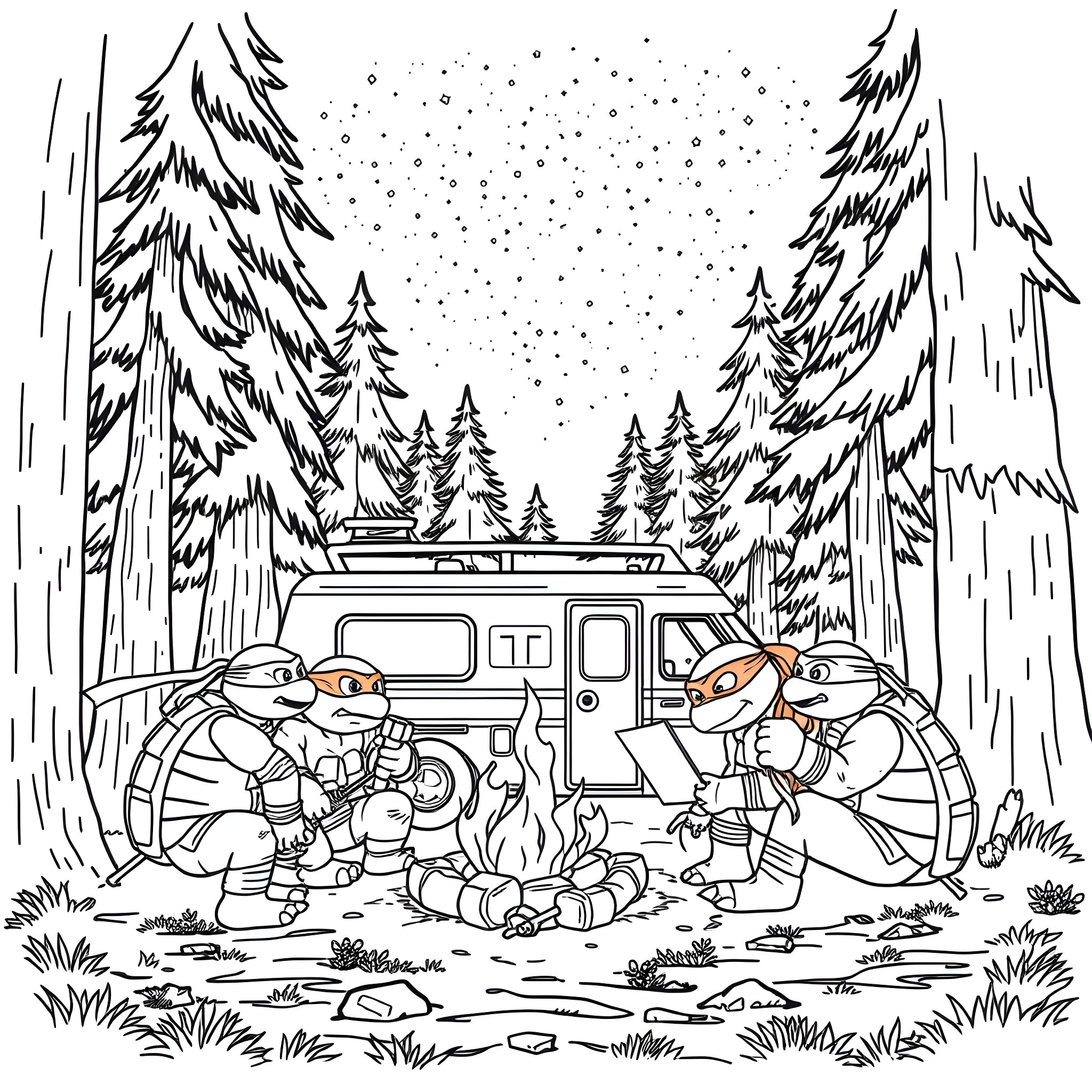 Teenage Mutant Ninja Turtles camping in the snowy forest Coloring Page (free black-and-white line drawing printable PDF for all, from beginners to advanced learners, including children, teens, adults, and seniors)
