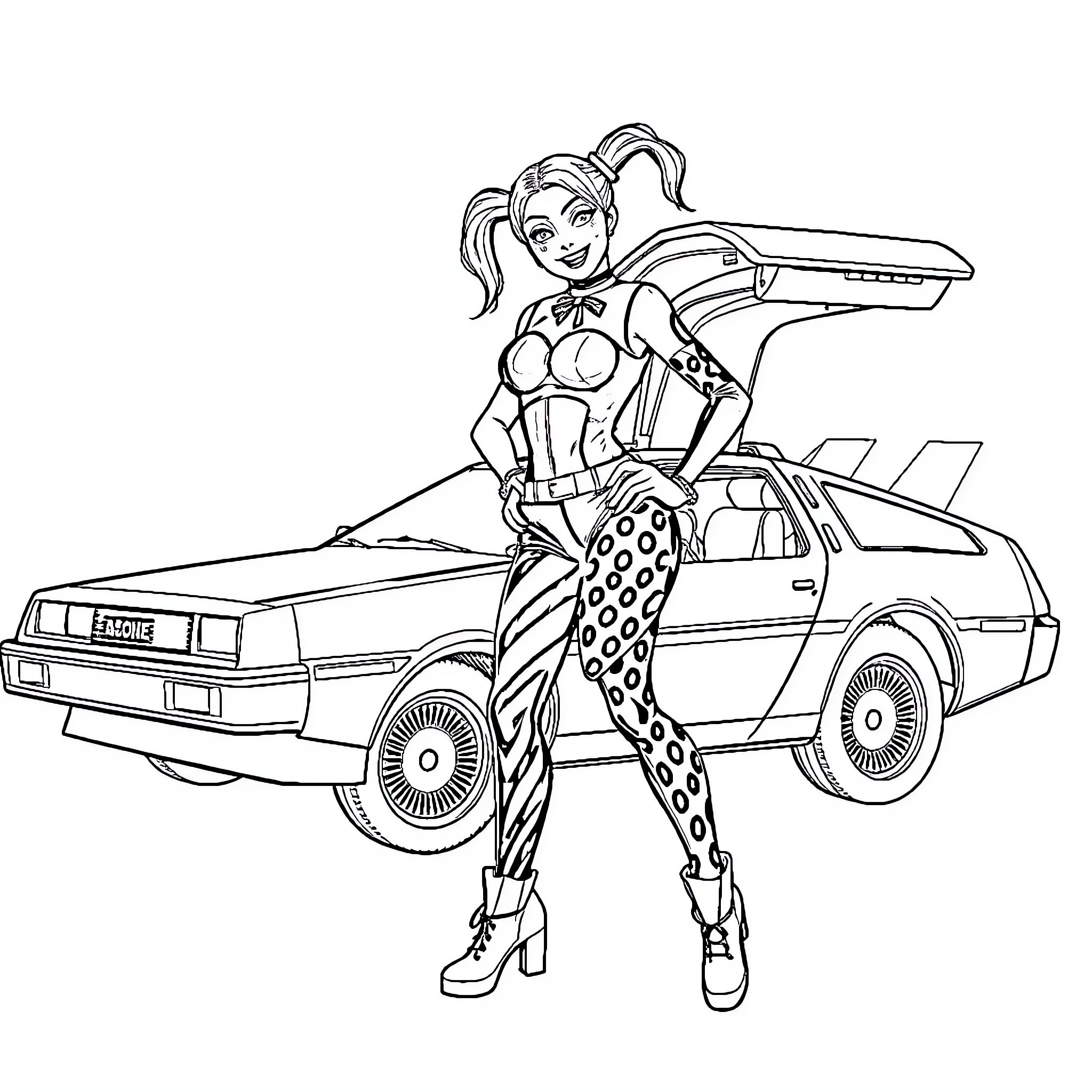 Harley Quinn posing confidently in front of a car Coloring Page (free black-and-white line drawing printable PDF for all, from beginners to advanced learners, including children, teens, adults, and seniors)