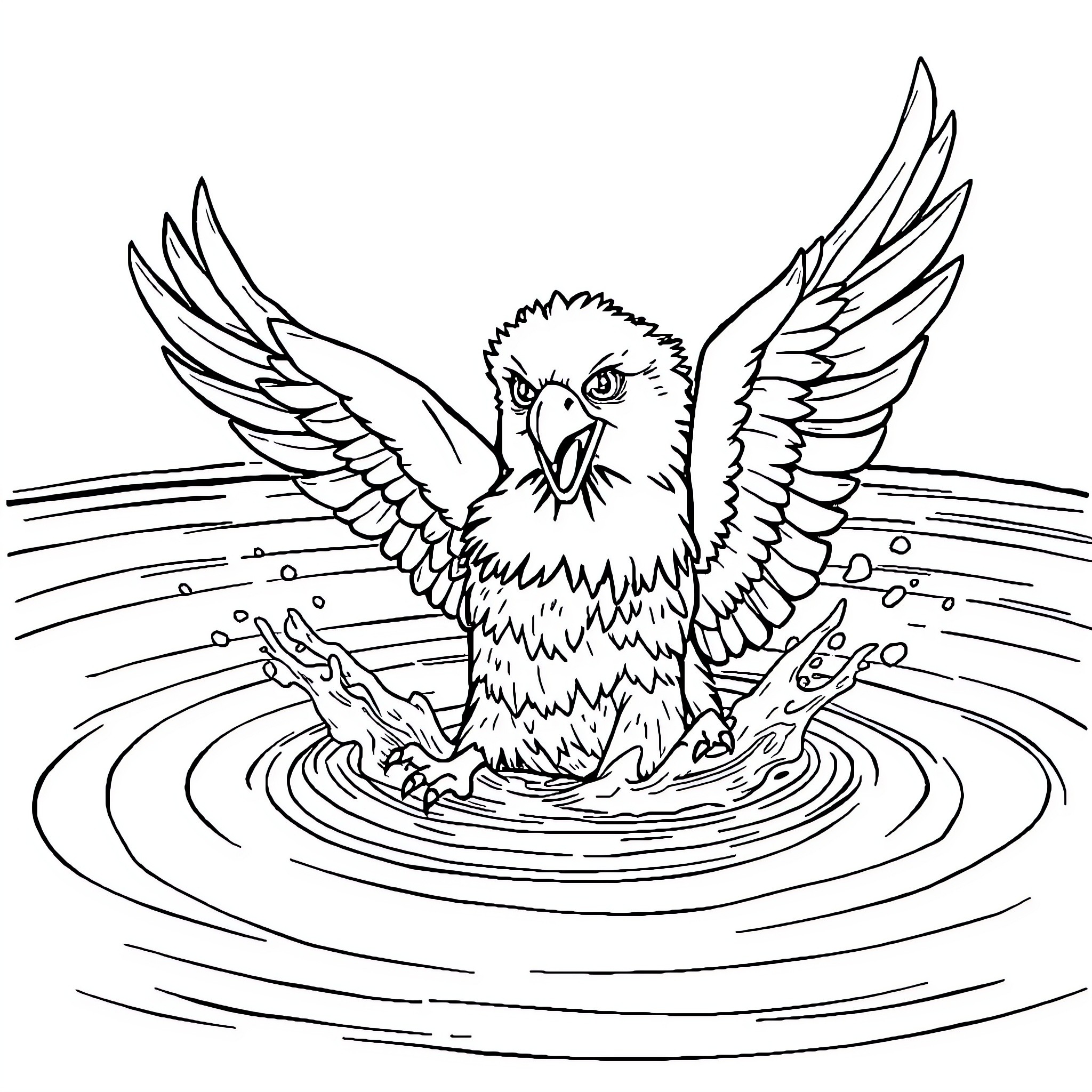 Eagle spreading its wings in the water Coloring Page (free black-and-white line drawing printable PDF for all, from beginners to advanced learners, including children, teens, adults, and seniors)