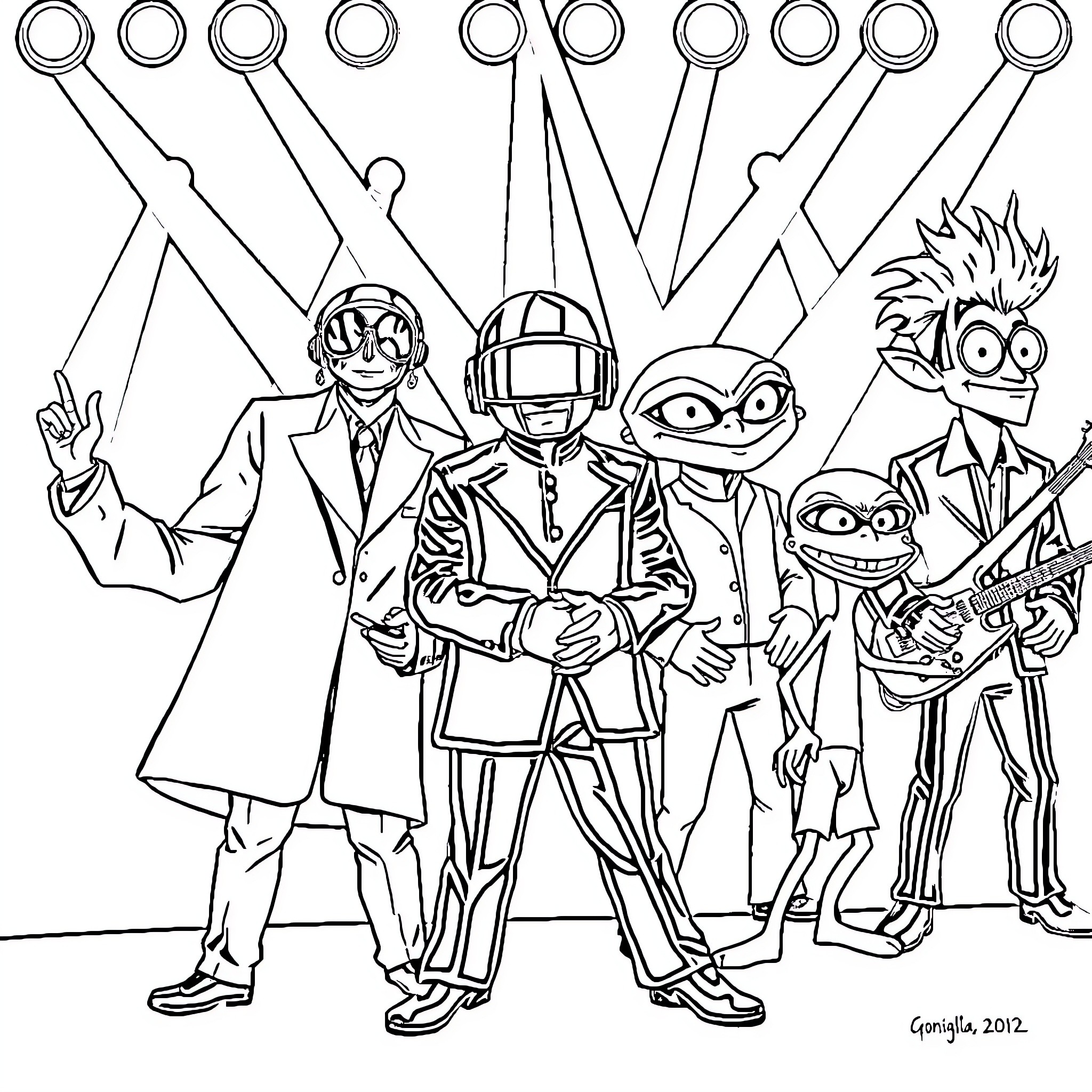 Beatles-inspired characters in quirky outfits and poses Coloring Page (free black-and-white line drawing printable PDF for all, from beginners to advanced learners, including children, teens, adults, and seniors)