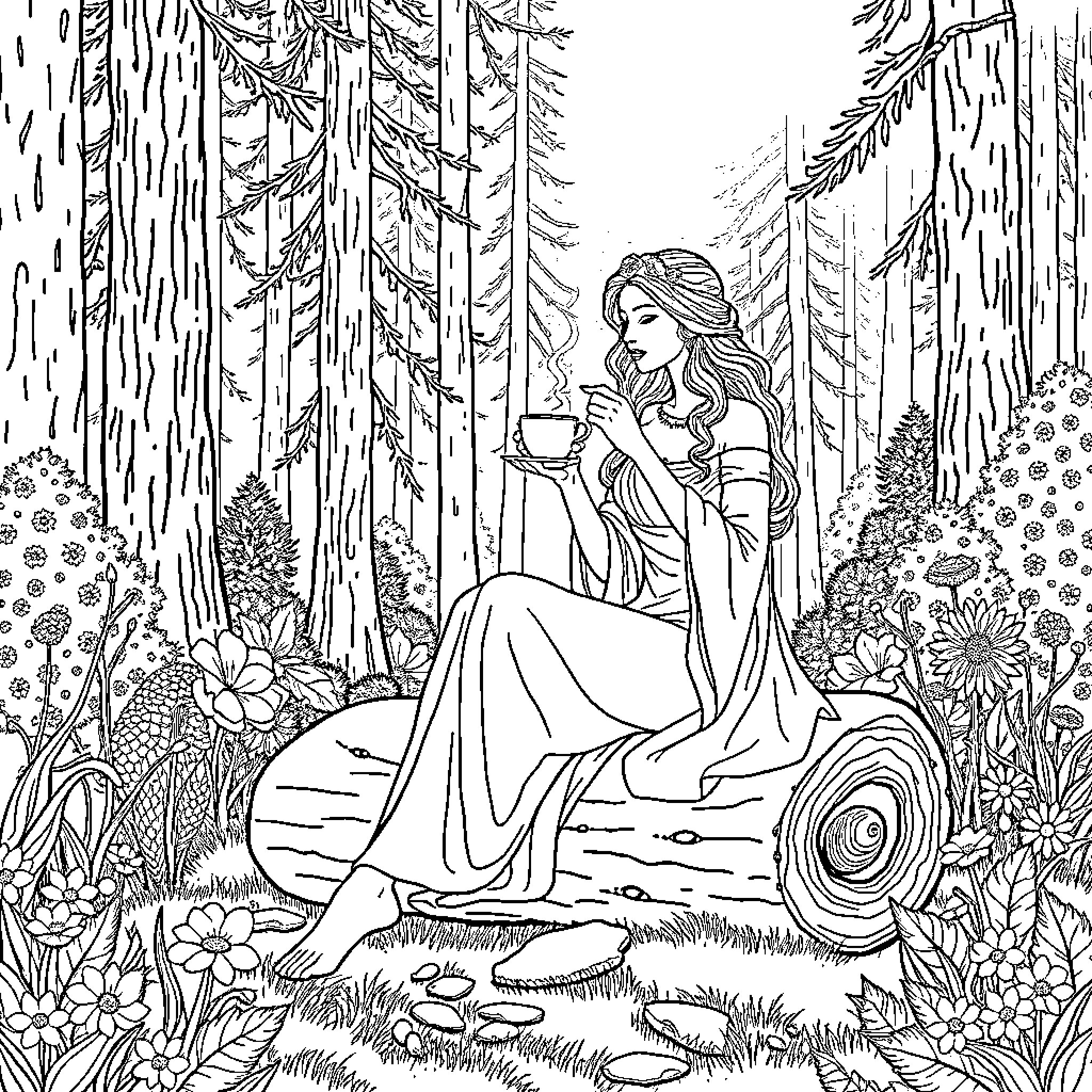 Goddess of the Forest Enjoying a Serene Moment Coloring Page (free black-and-white line drawing printable PDF for all, from beginners to advanced learners, including children, teens, adults, and seniors)