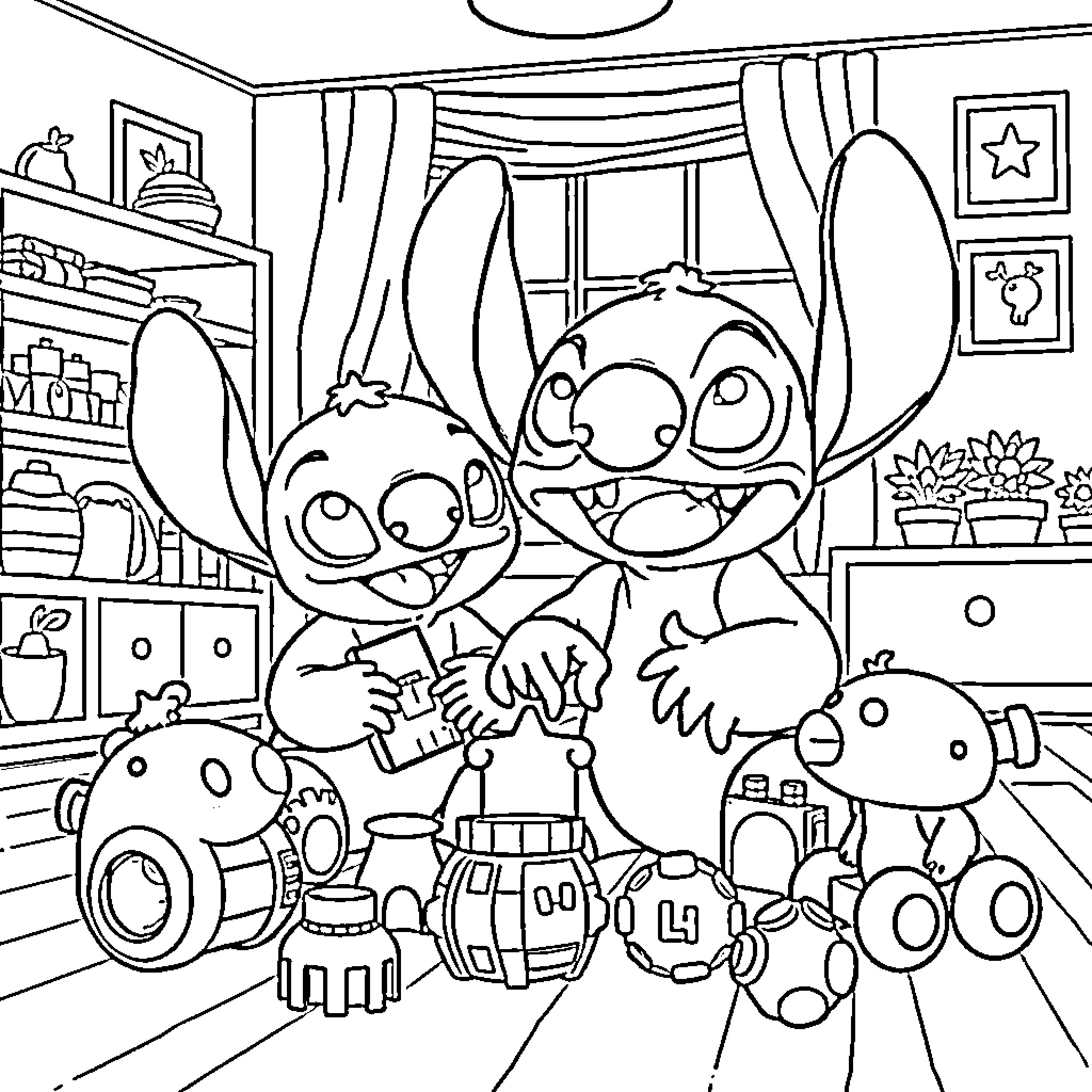 Labubu's Happy Toy Playtime Coloring Page (free black-and-white line drawing printable PDF for all, from beginners to advanced learners, including children, teens, adults, and seniors)
