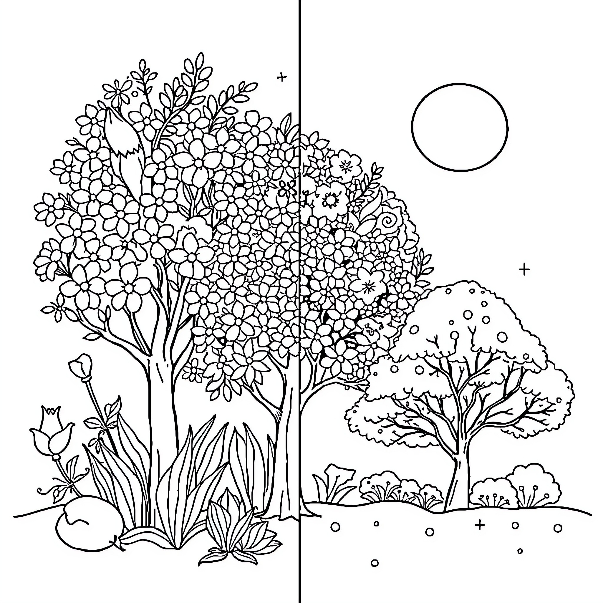 Season of Vibrant Nature's Embrace Coloring Page (free black-and-white line drawing printable PDF for all, from beginners to advanced learners, including children, teens, adults, and seniors)