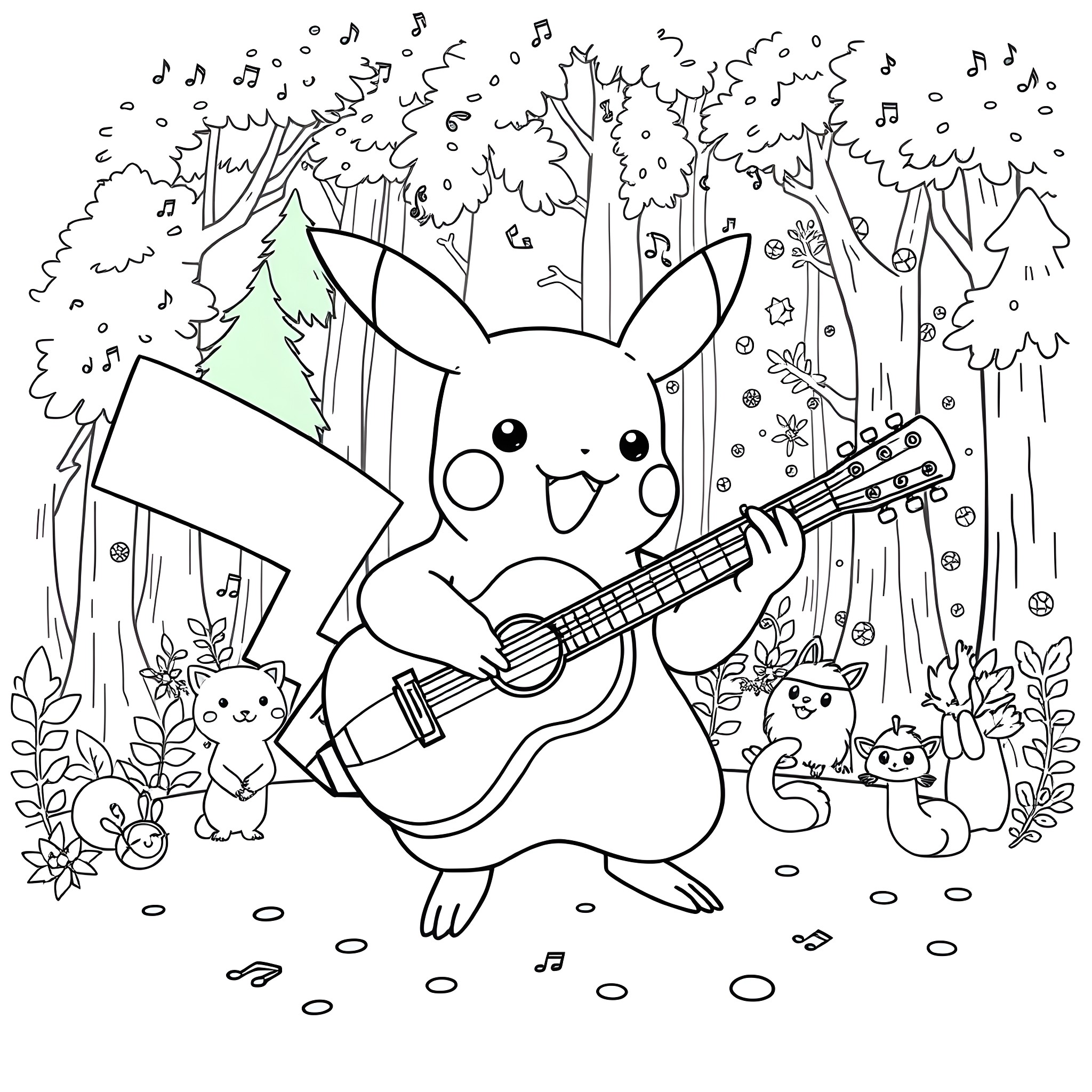 Pikachu playing guitar in the forest Coloring Page (free black-and-white line drawing printable PDF for all, from beginners to advanced learners, including children, teens, adults, and seniors)