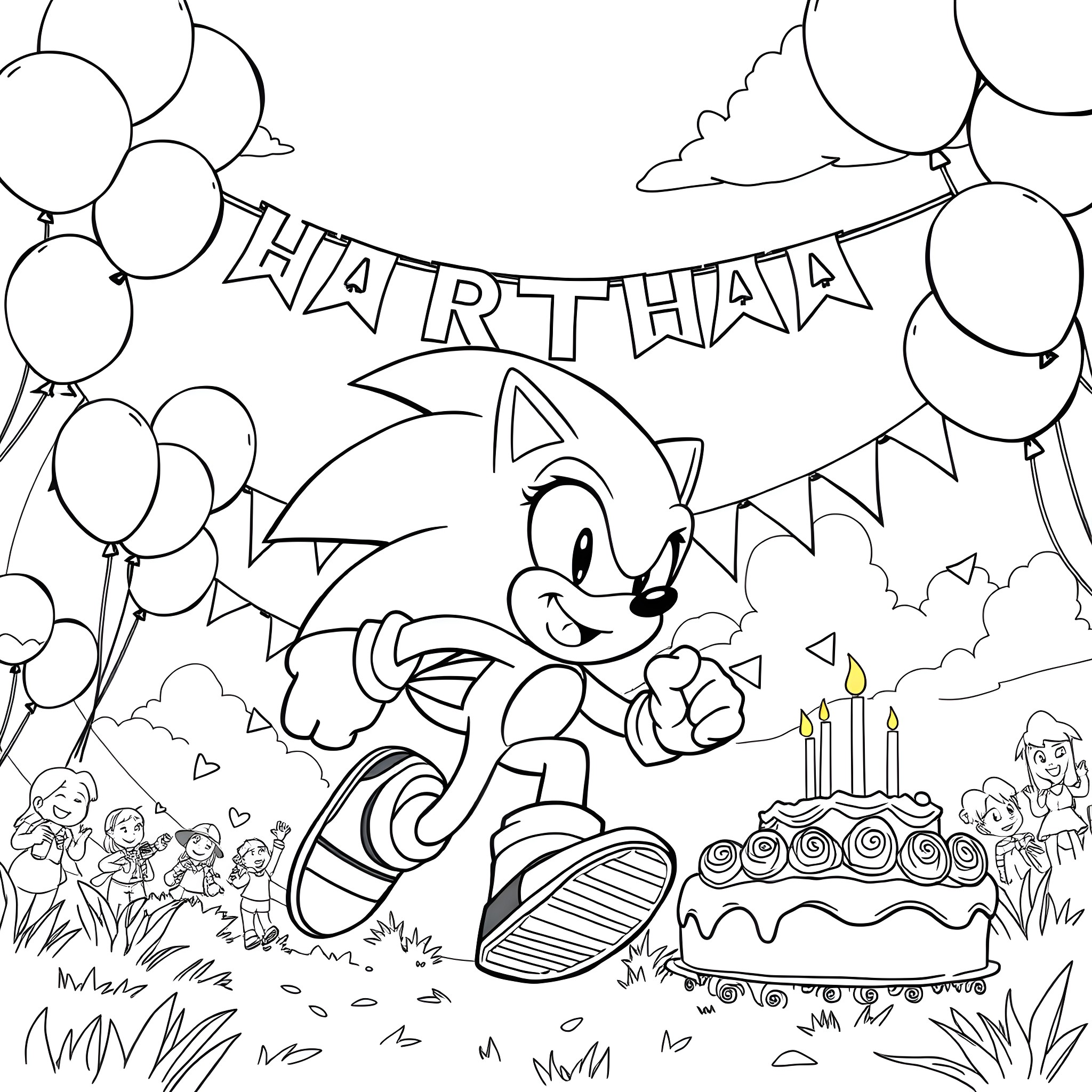 Sonic Celebrates His Birthday with Balloons and Cake Coloring Page (free black-and-white line drawing printable PDF for all, from beginners to advanced learners, including children, teens, adults, and seniors)