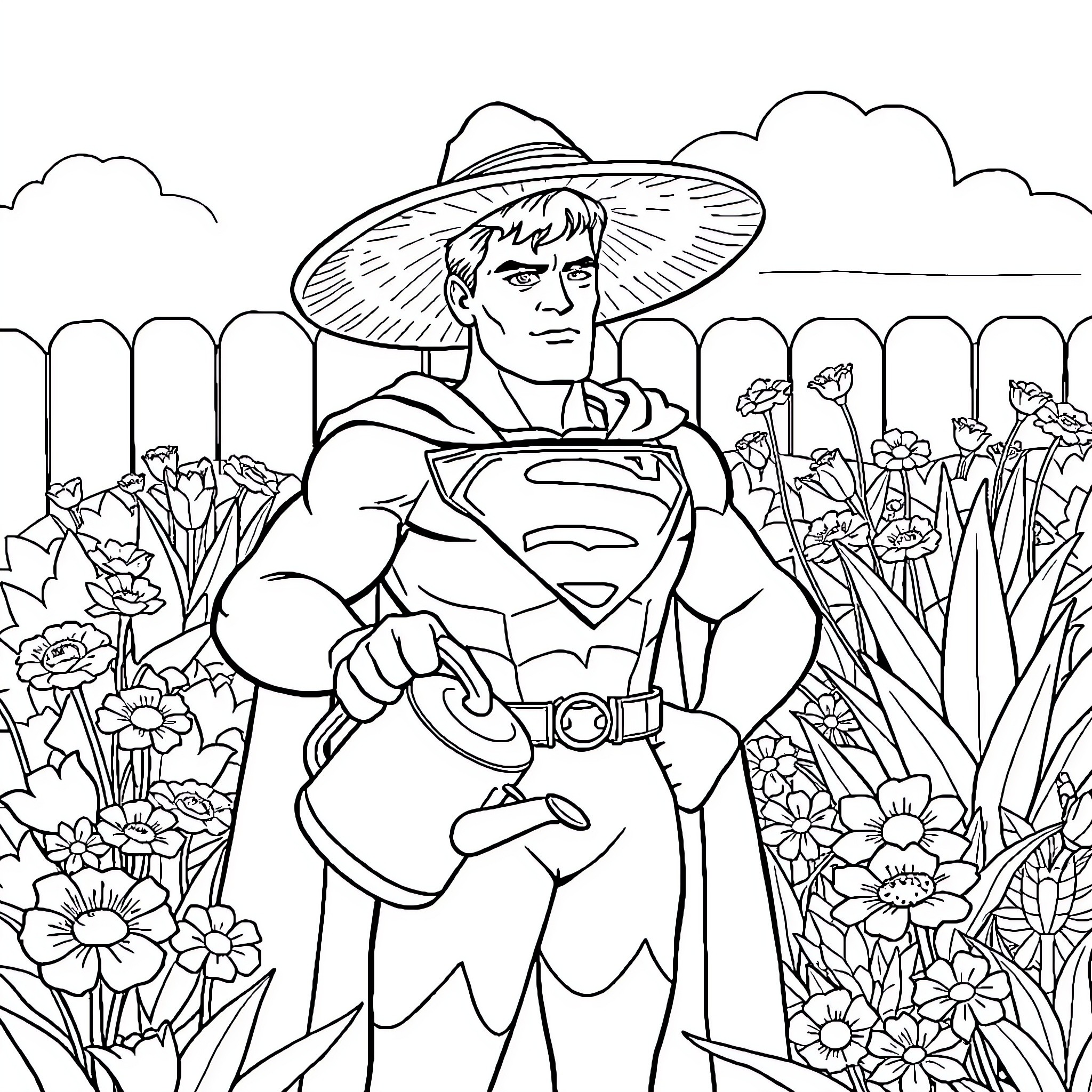 Superman in a Floral Garden Coloring Page (free black-and-white line drawing printable PDF for all, from beginners to advanced learners, including children, teens, adults, and seniors)