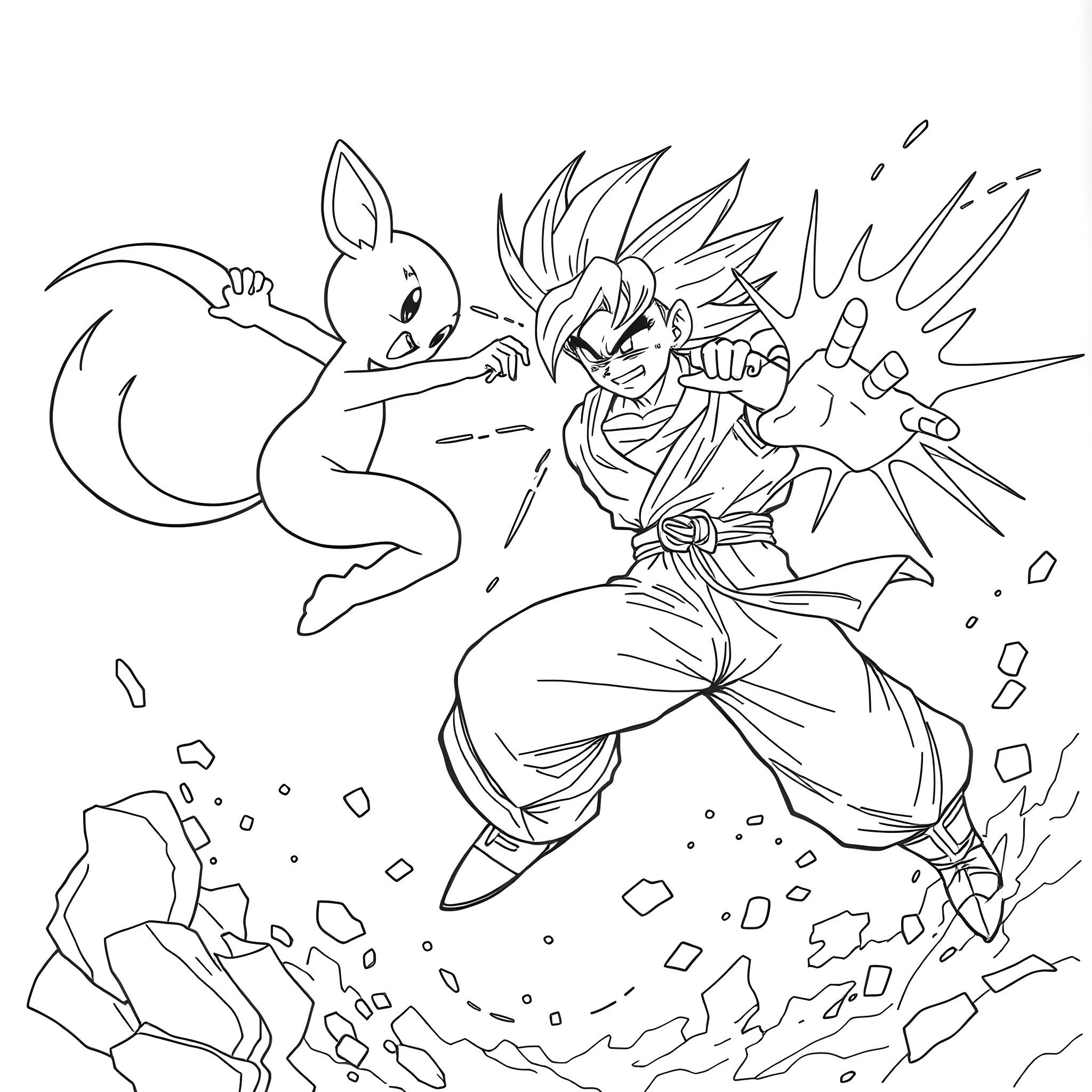Mew Anime Protagonist Battling Creature Coloring Page (free black-and-white line drawing printable PDF for all, from beginners to advanced learners, including children, teens, adults, and seniors)
