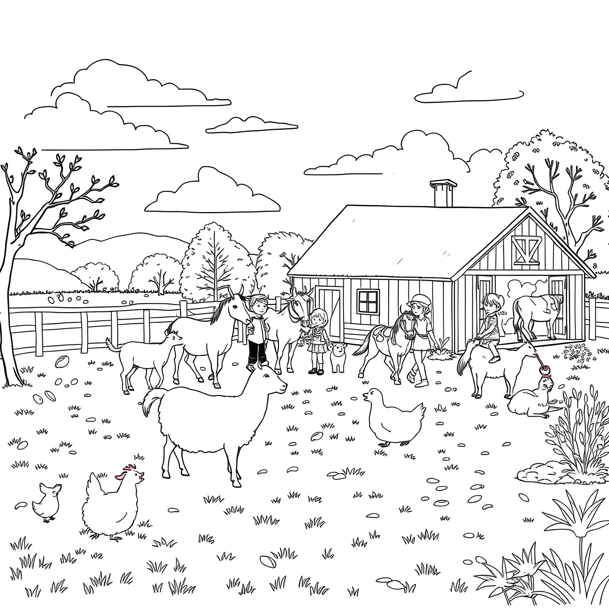 Farm Scene with Families and Animals Coloring Page (free black-and-white line drawing printable PDF for all, from beginners to advanced learners, including children, teens, adults, and seniors)