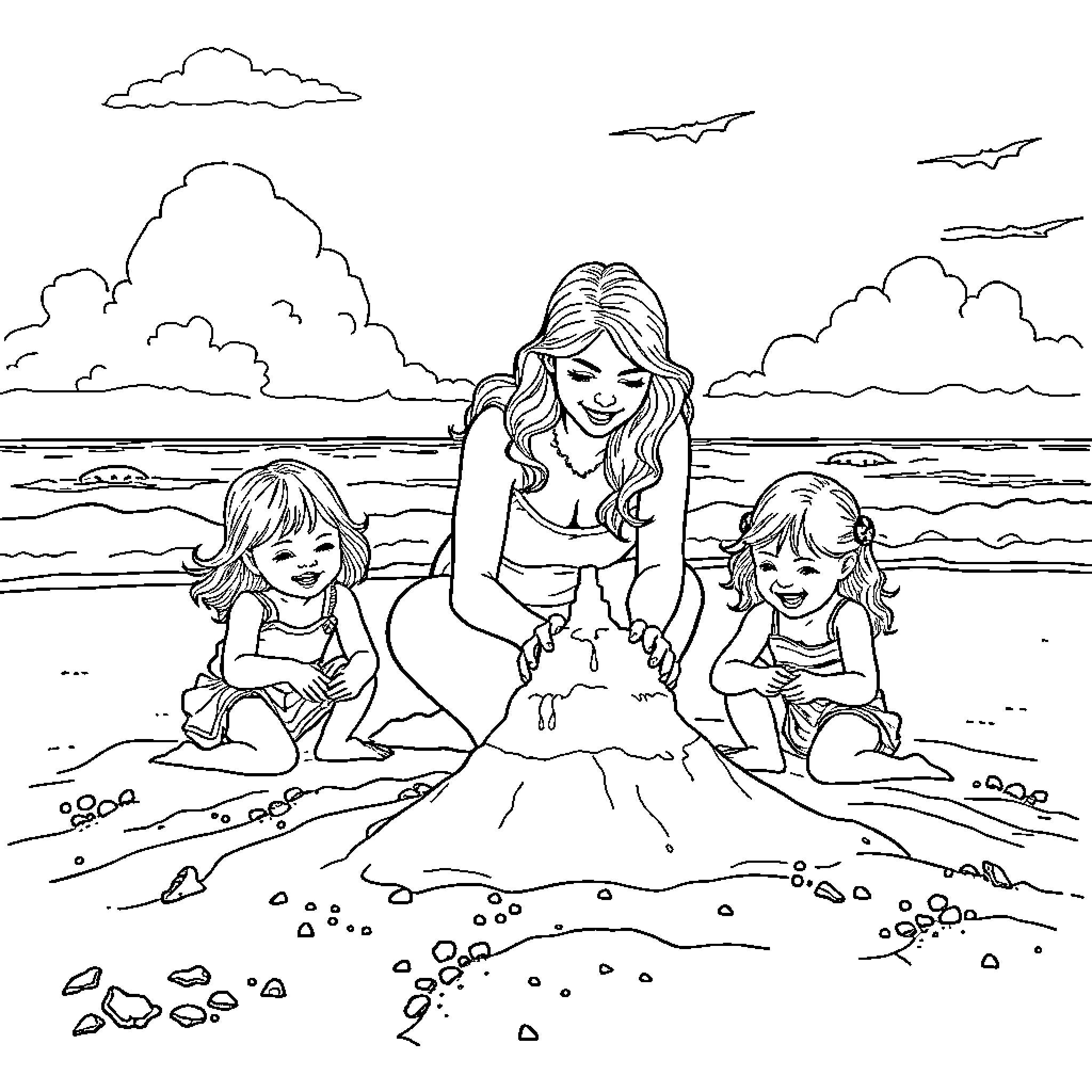 Mom and children building sandcastles on the beach Coloring Page (free black-and-white line drawing printable PDF for all, from beginners to advanced learners, including children, teens, adults, and seniors)