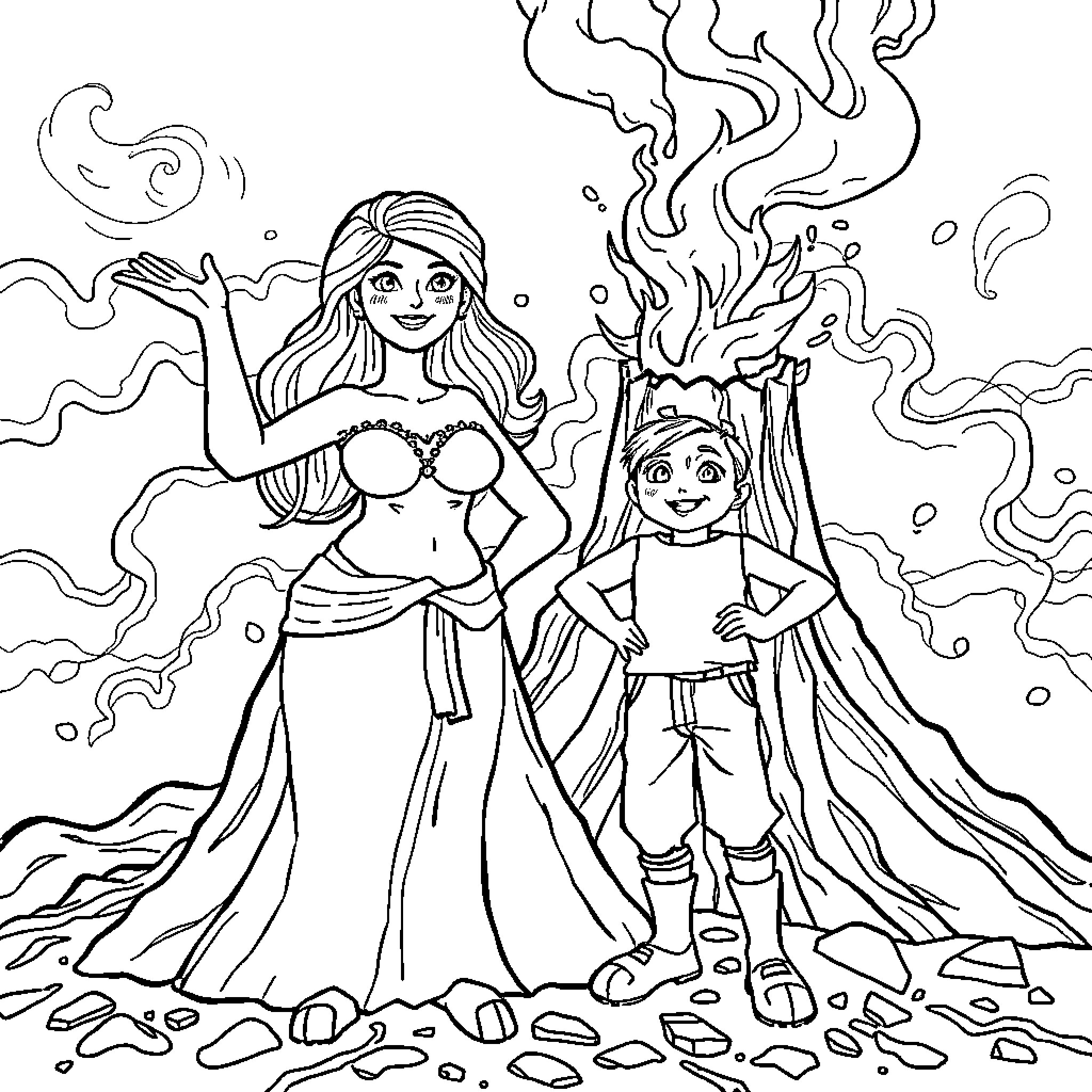 Volcano eruption with mystical figures Coloring Page (free black-and-white line drawing printable PDF for all, from beginners to advanced learners, including children, teens, adults, and seniors)