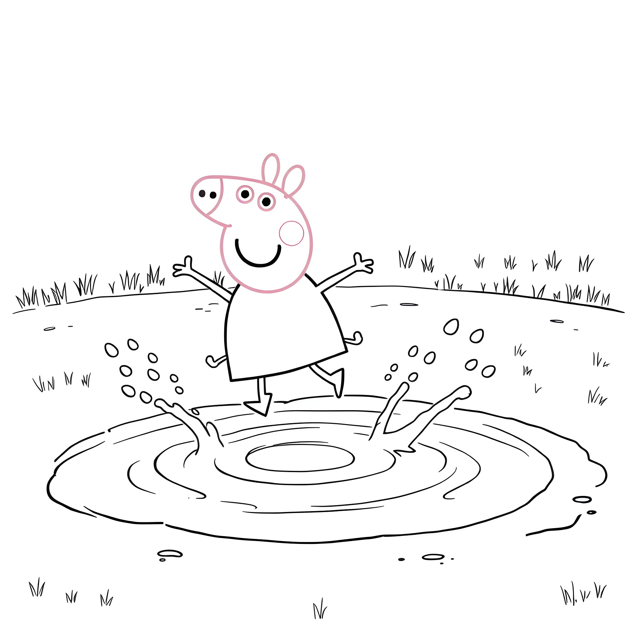 Peppa Pig jumping in a puddle Coloring Page (free black-and-white line drawing printable PDF for all, from beginners to advanced learners, including children, teens, adults, and seniors)