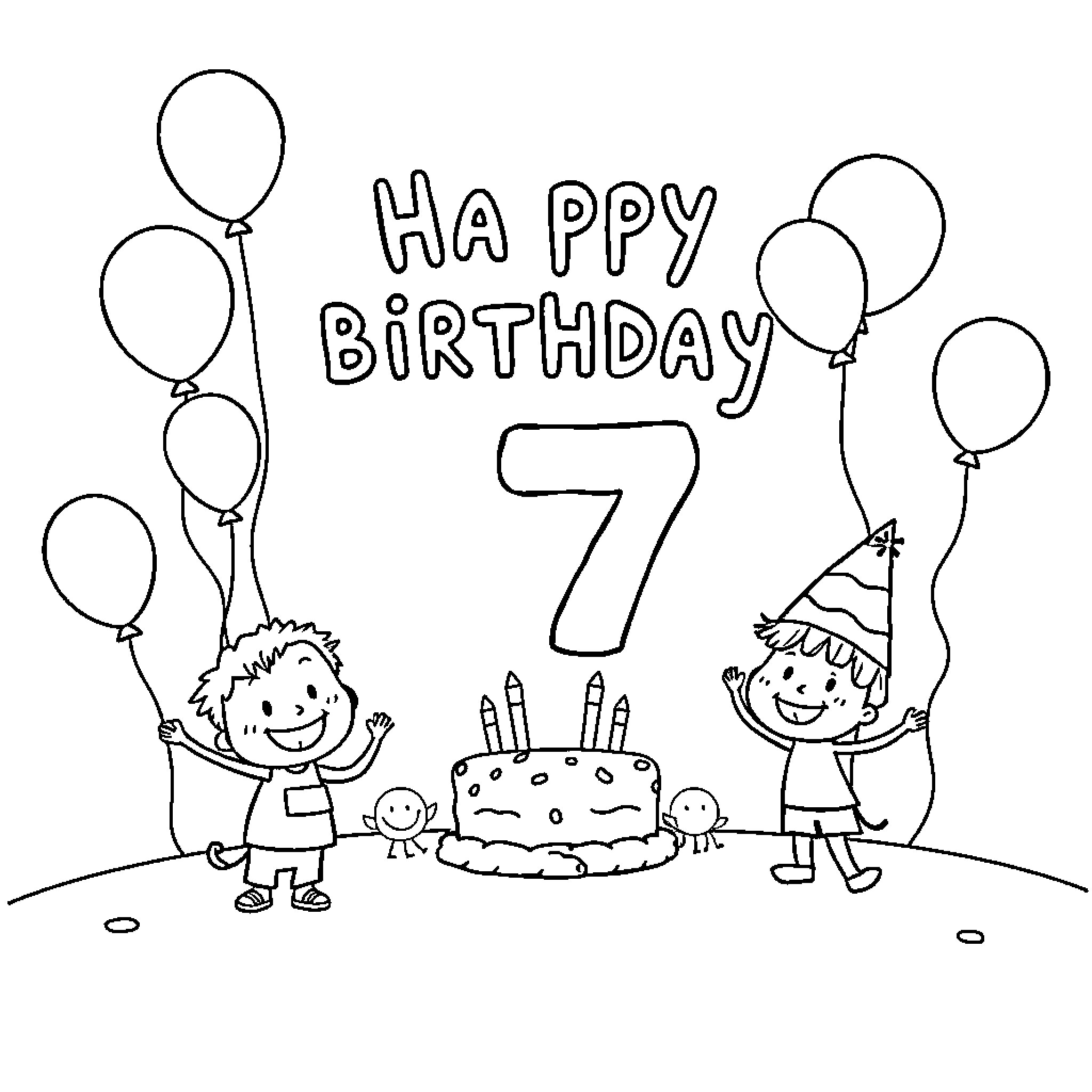 Birthday Card with Kids Celebrating 7th Birthday Coloring Page (free black-and-white line drawing printable PDF for all, from beginners to advanced learners, including children, teens, adults, and seniors)