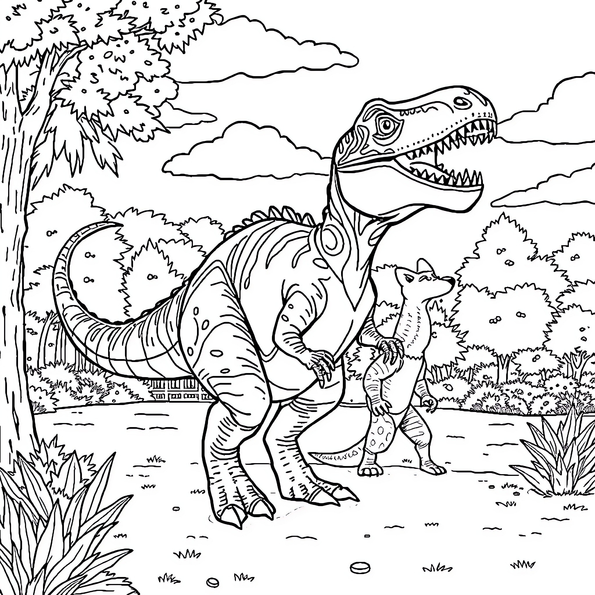 Dinosaur Roars in Prehistoric Landscape Coloring Page (free black-and-white line drawing printable PDF for all, from beginners to advanced learners, including children, teens, adults, and seniors)