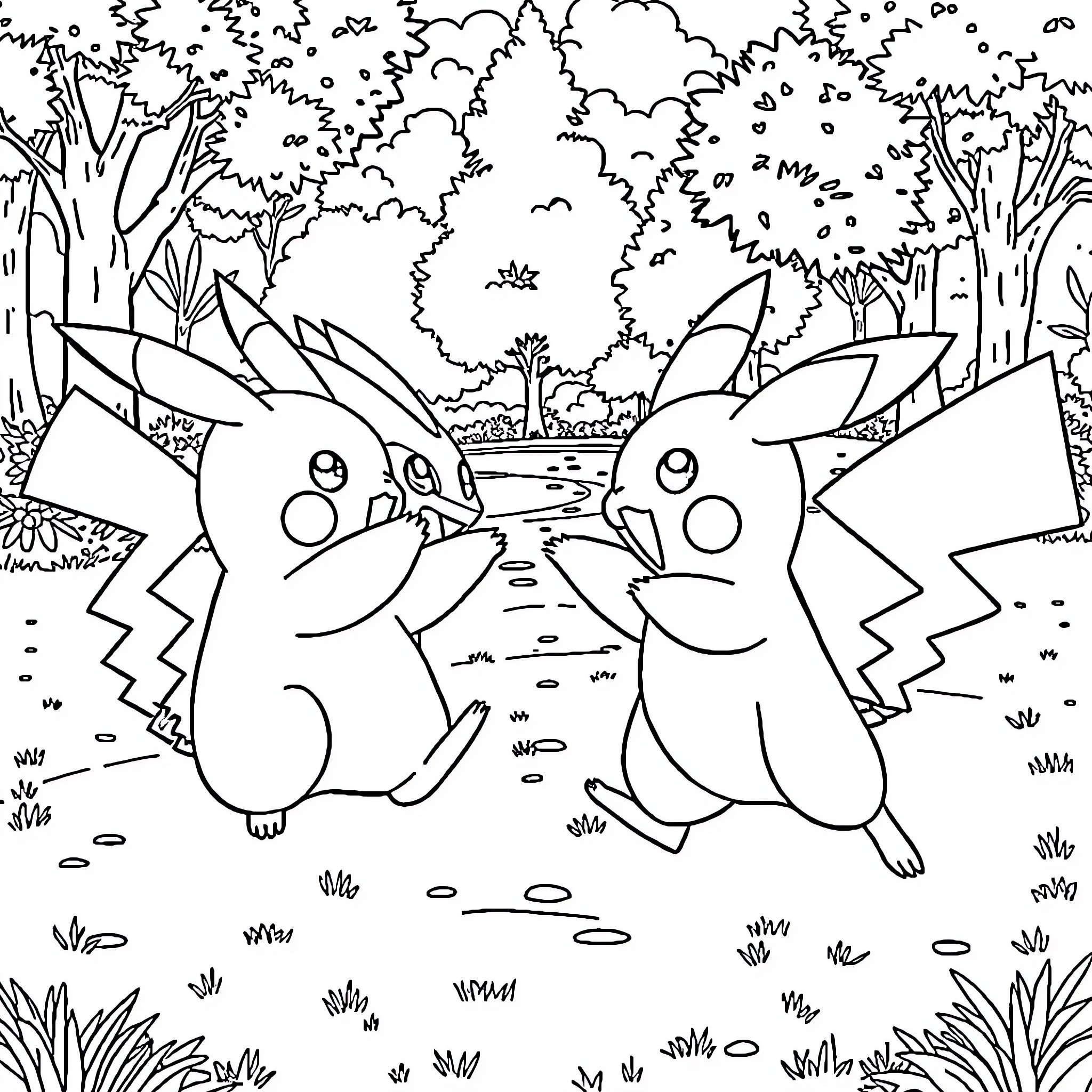 Pikachu friends enjoying a walk in the forest Coloring Page (free black-and-white line drawing printable PDF for all, from beginners to advanced learners, including children, teens, adults, and seniors)