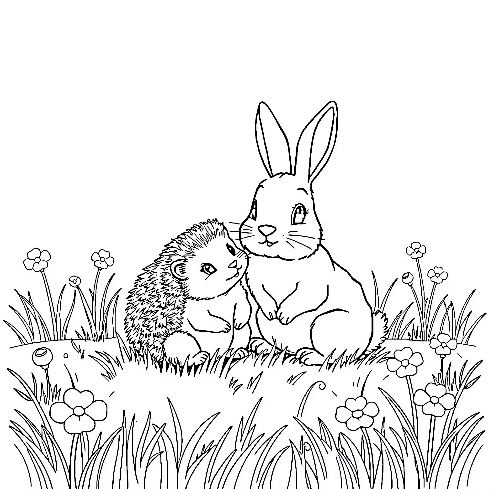 Hedgehog and rabbit playing in the grass Coloring Page (free black-and-white line drawing printable PDF for all, from beginners to advanced learners, including children, teens, adults, and seniors)