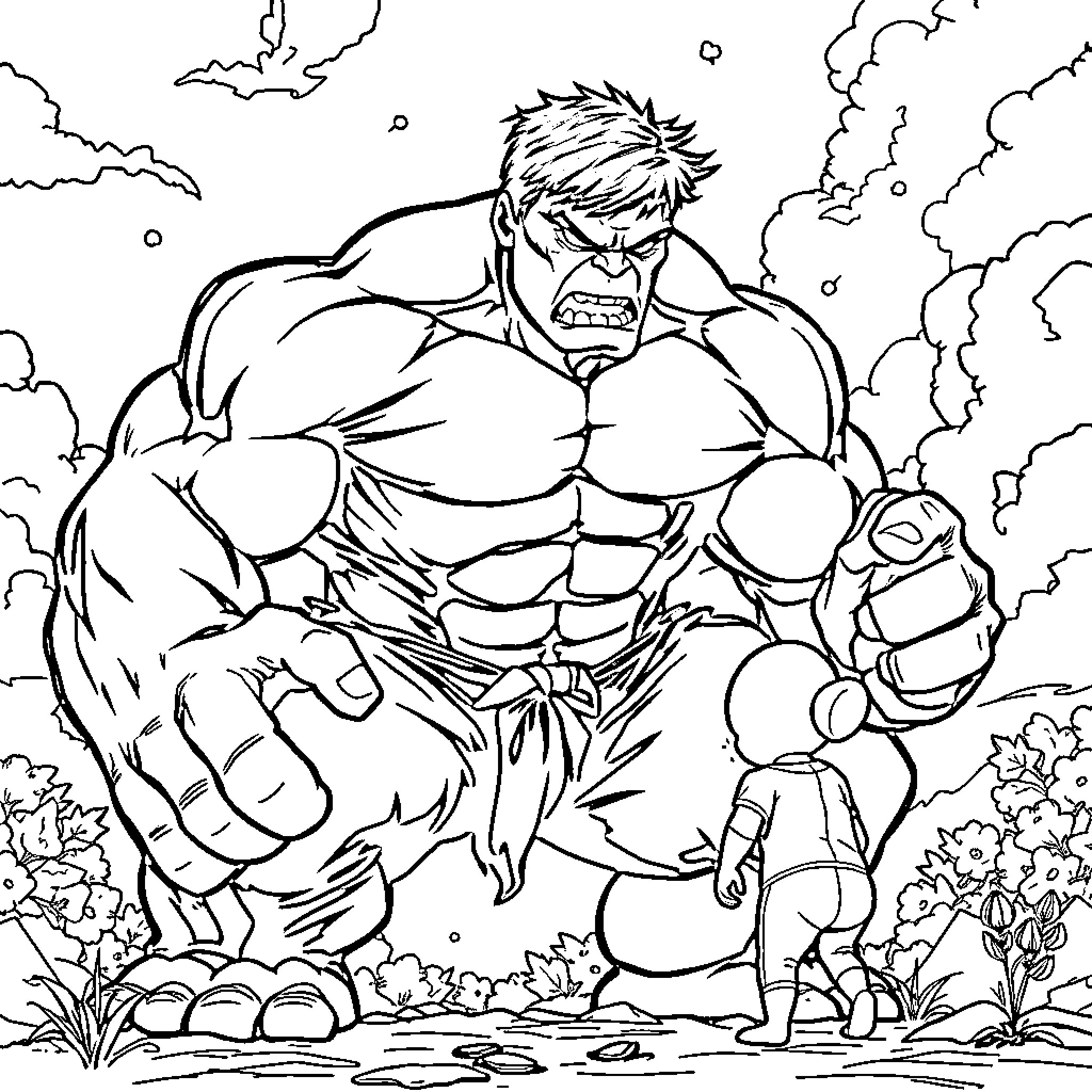 Hulk unleashing his mighty strength in the wild Coloring Page (free black-and-white line drawing printable PDF for all, from beginners to advanced learners, including children, teens, adults, and seniors)