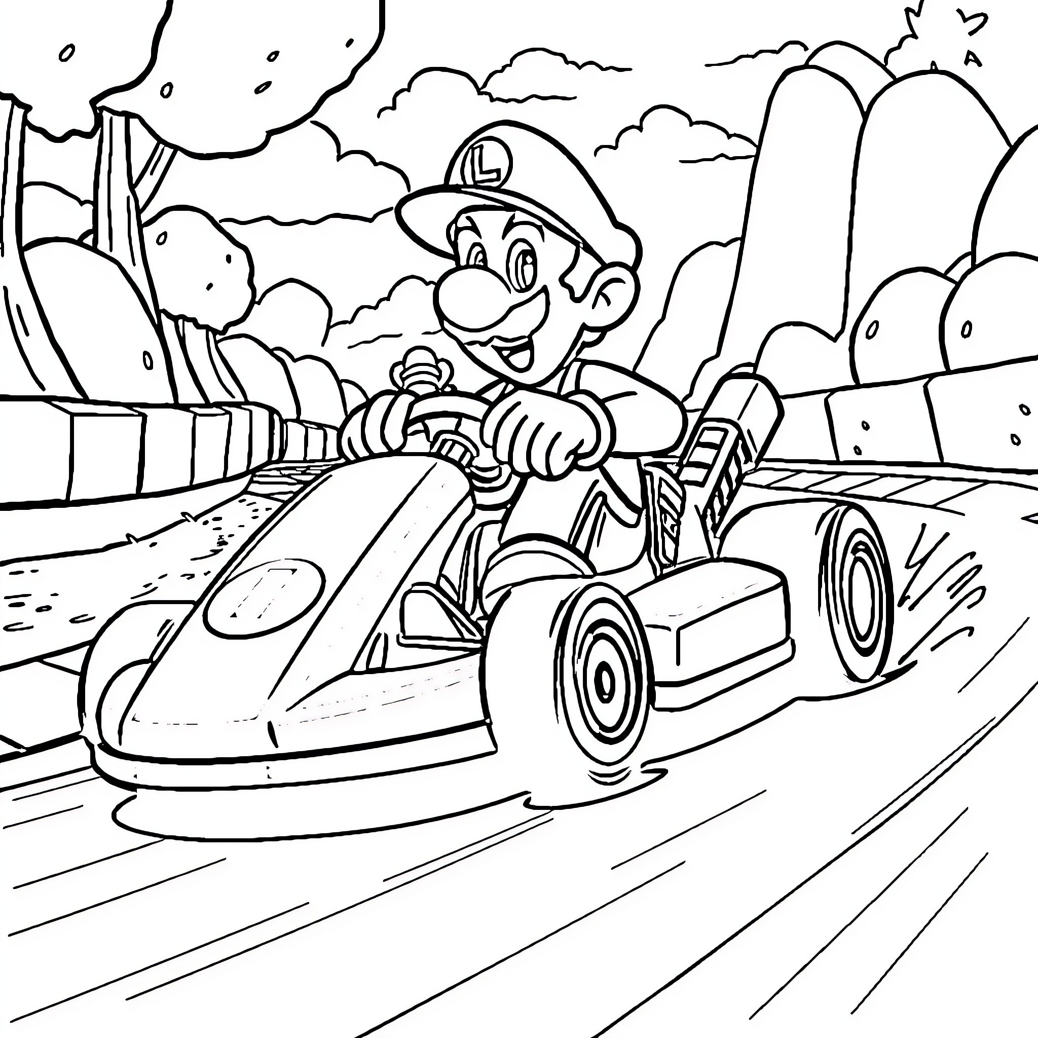 Luigi racing through the mountains in his kart Coloring Page (free black-and-white line drawing printable PDF for all, from beginners to advanced learners, including children, teens, adults, and seniors)