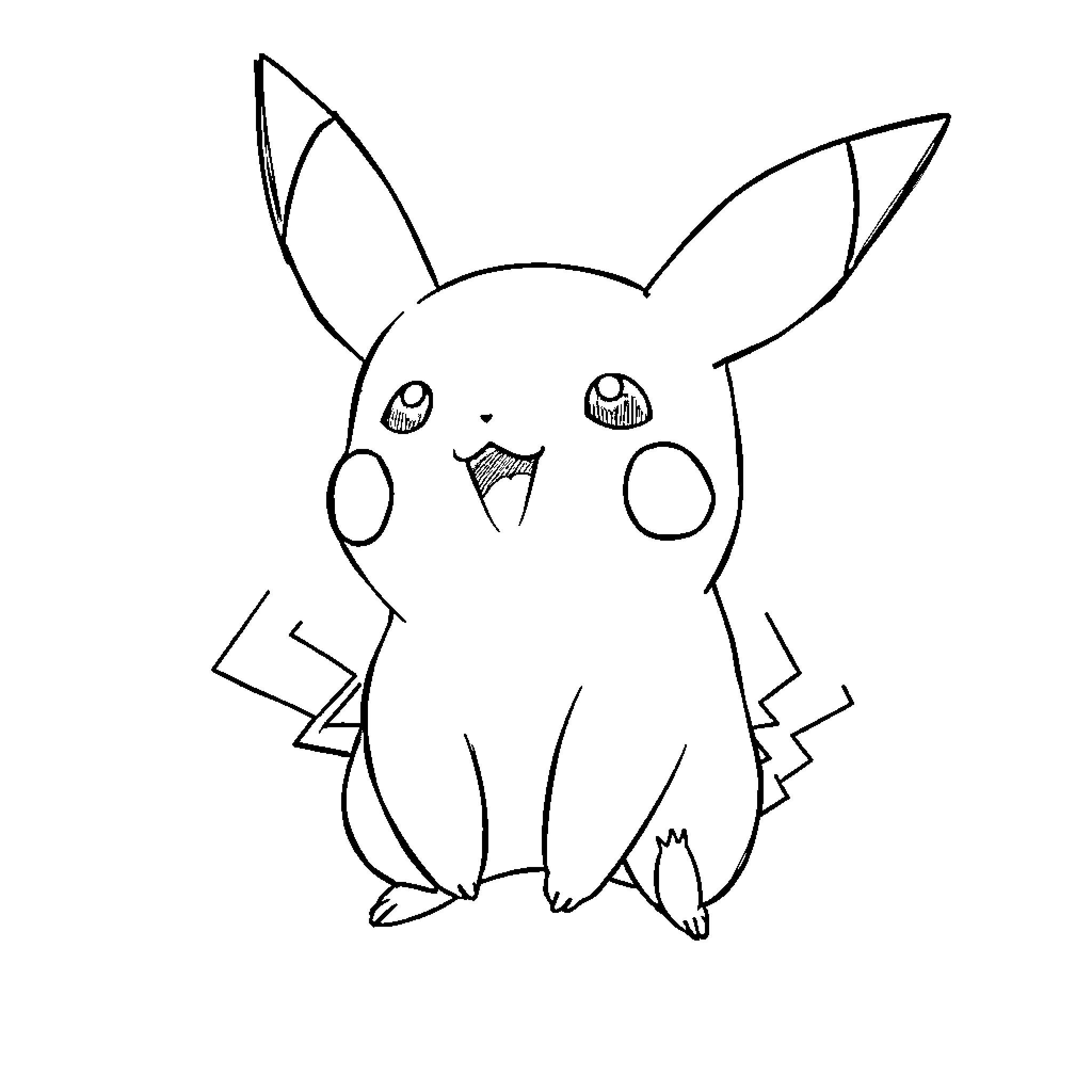 Pikachu in a simple, whimsical line drawing Coloring Page (free black-and-white line drawing printable PDF for all, from beginners to advanced learners, including children, teens, adults, and seniors)