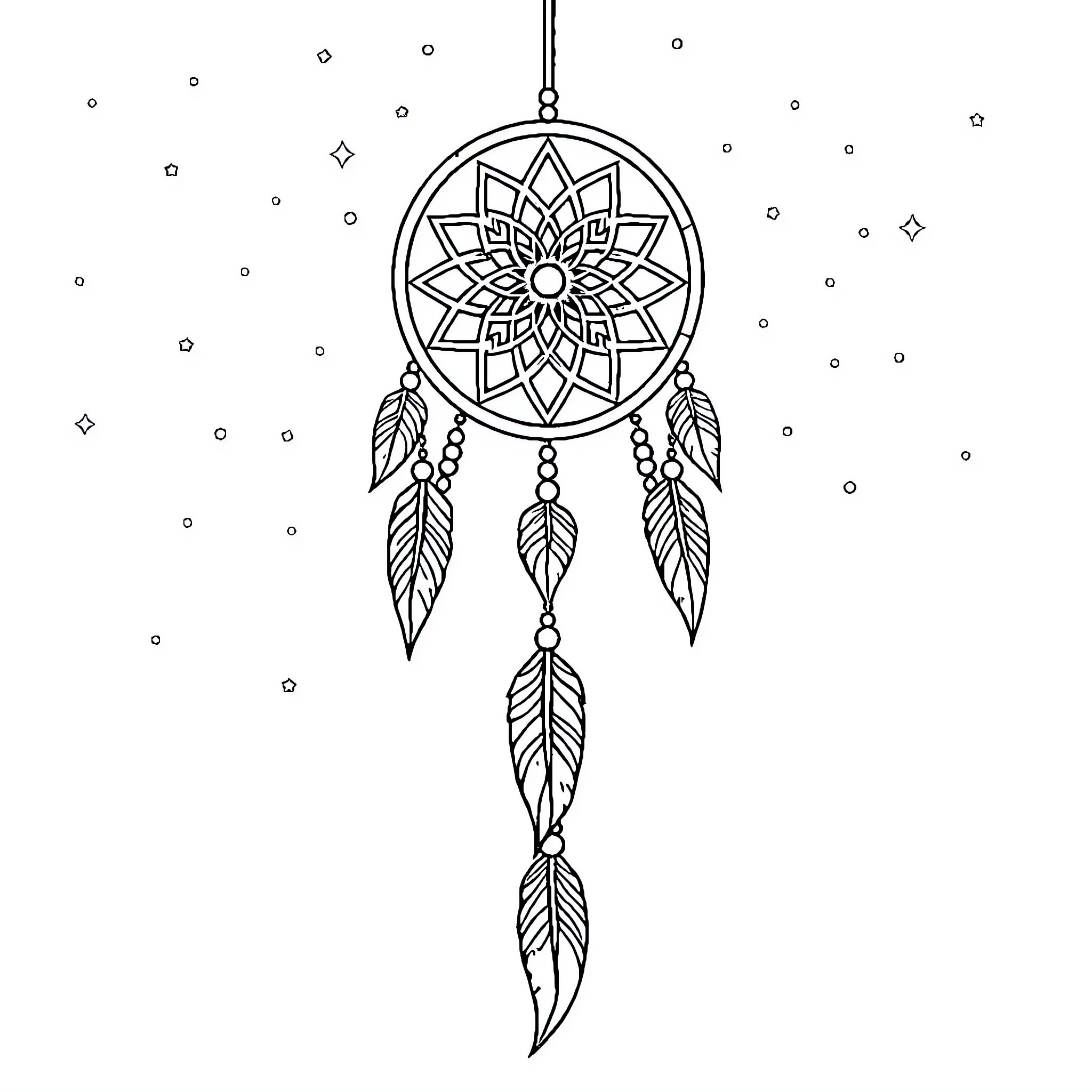 Dreamcatcher with intricate floral pattern and feathers Coloring Page (free black-and-white line drawing printable PDF for all, from beginners to advanced learners, including children, teens, adults, and seniors)