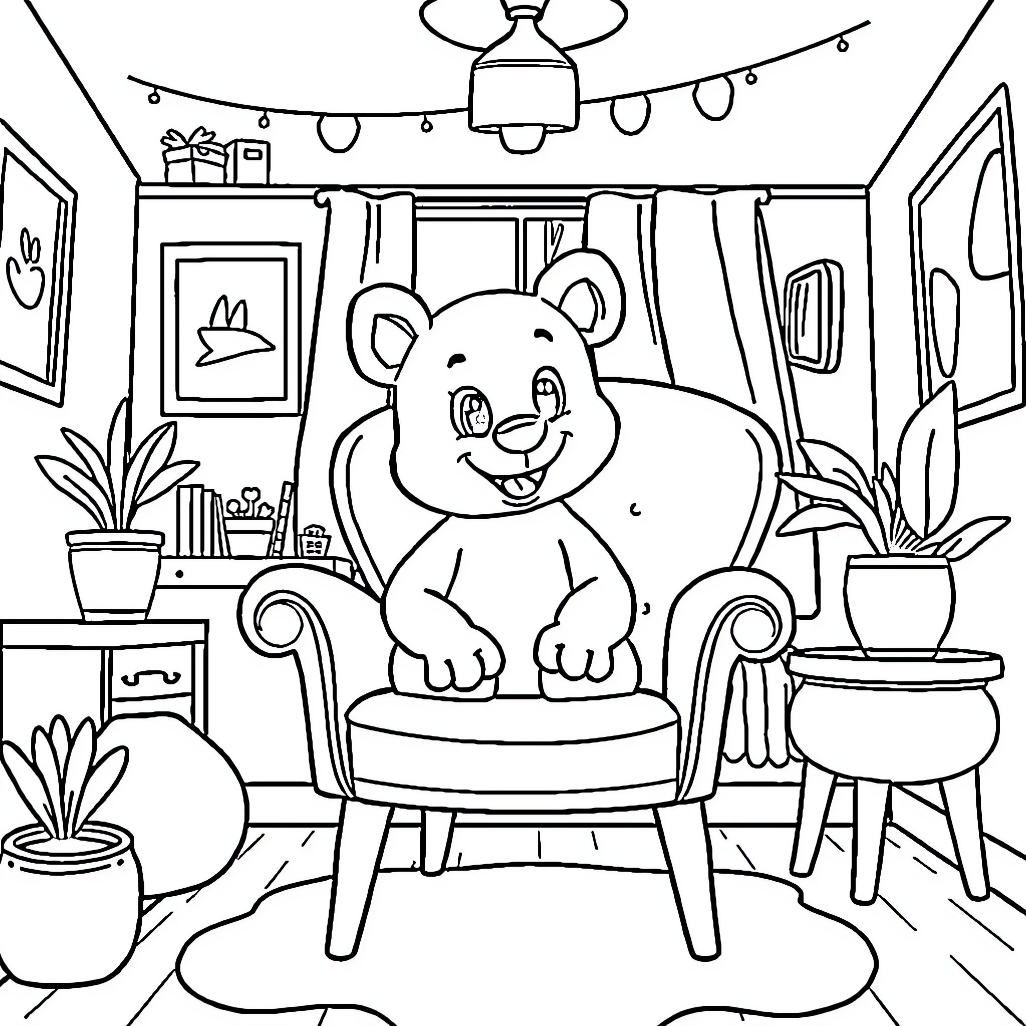 Böbo's Cozy Corner: A Bear's Comfy Hangout Coloring Page (free black-and-white line drawing printable PDF for all, from beginners to advanced learners, including children, teens, adults, and seniors)