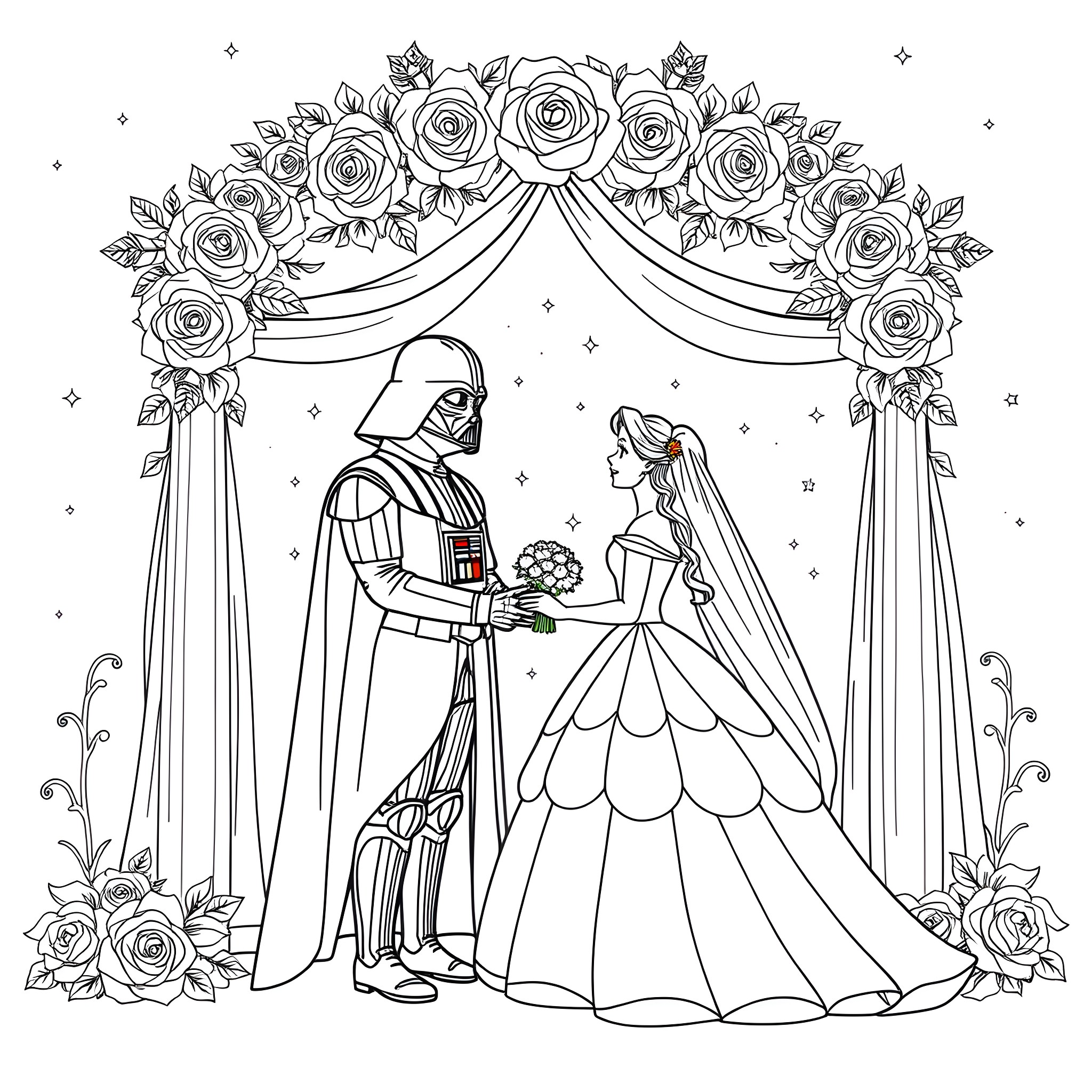 Princess bride and groom under floral arch Coloring Page (free black-and-white line drawing printable PDF for all, from beginners to advanced learners, including children, teens, adults, and seniors)
