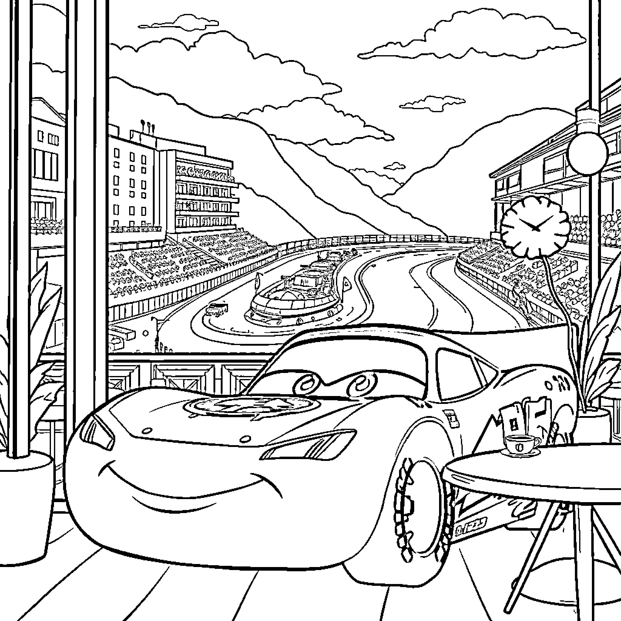 Lightning McQueen racing through the city Coloring Page (free black-and-white line drawing printable PDF for all, from beginners to advanced learners, including children, teens, adults, and seniors)